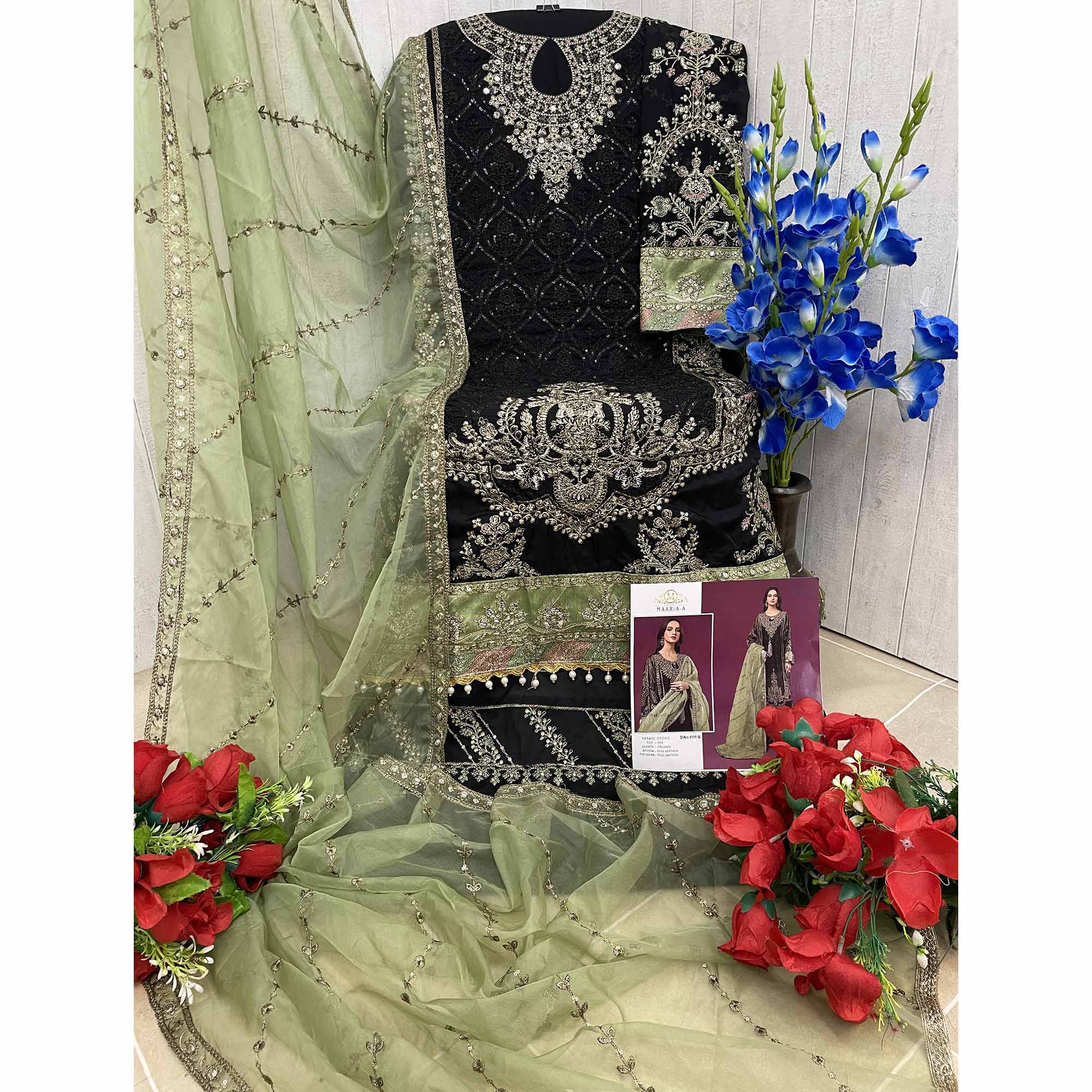 Black & Green Embroidered Georgette Semi Stitched Pakistani Suit