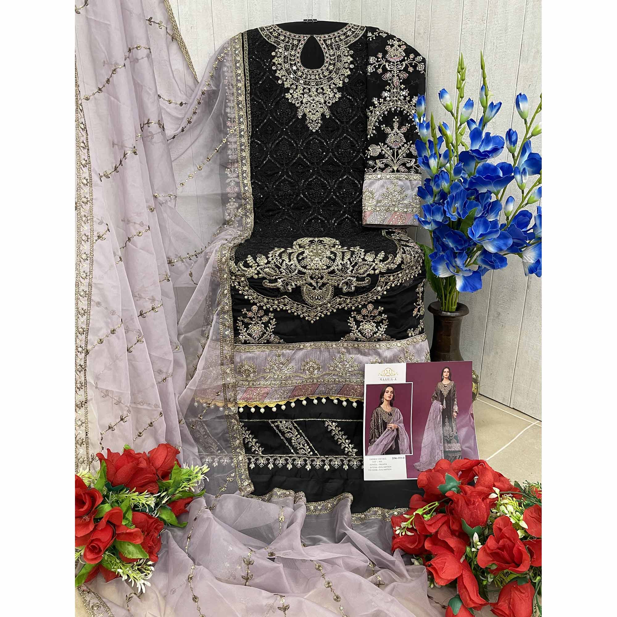 Black & Lavender Embroidered Georgette Semi Stitched Pakistani Suit