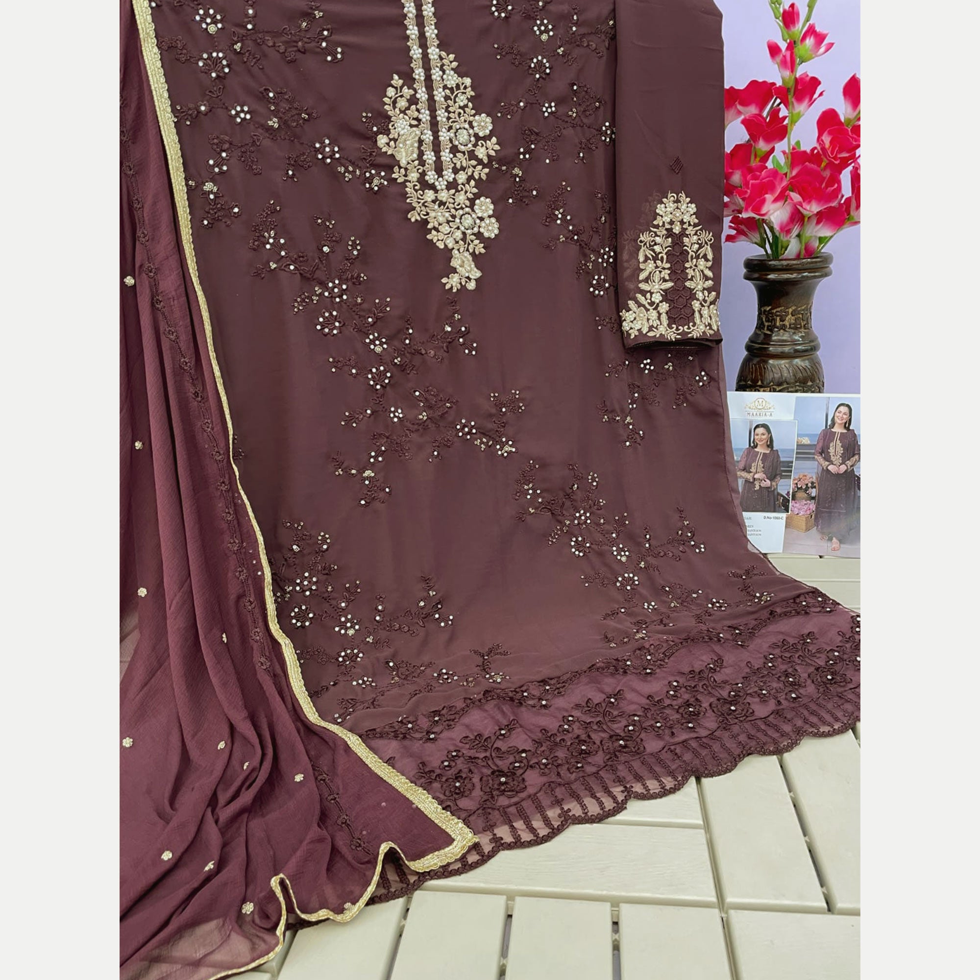 Mauve Floral Embroidered Georgette Semi Stitched Pakistani Suit