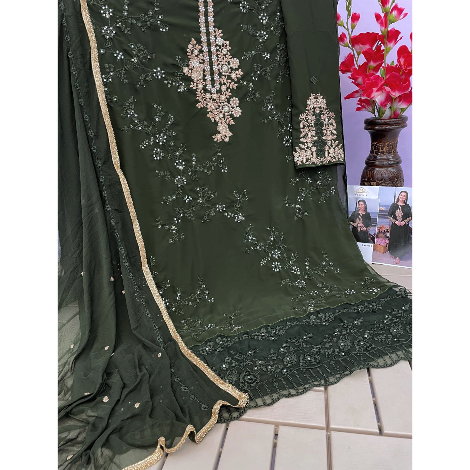 Green Floral Embroidered Georgette Semi Stitched Pakistani Suit