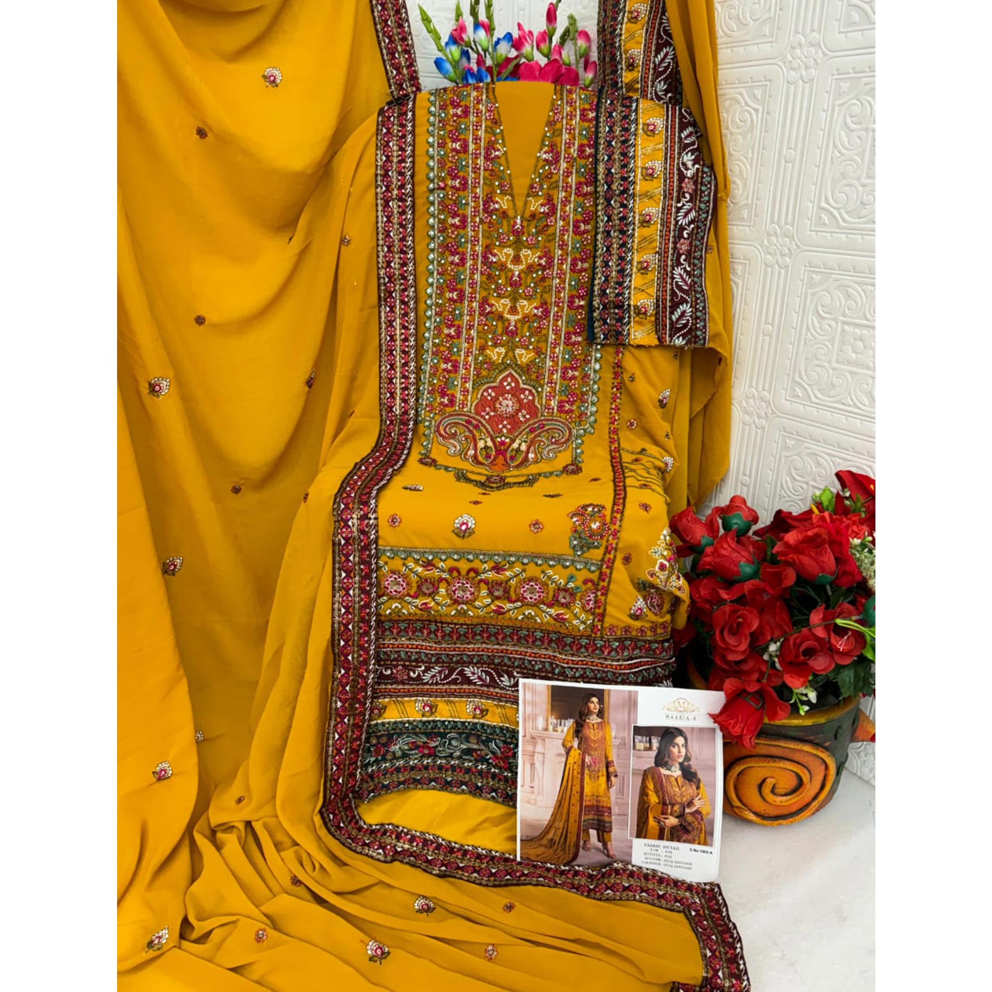 Mustard Embroidered Georgette Pakistani Dress Material