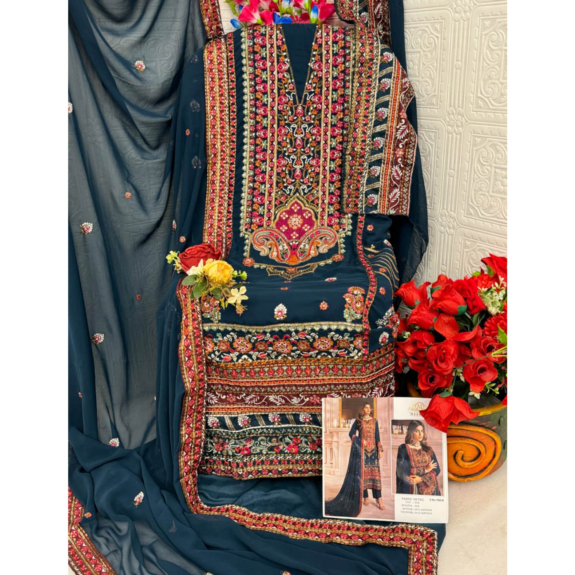 Teal Embroidered Georgette Pakistani Dress Material