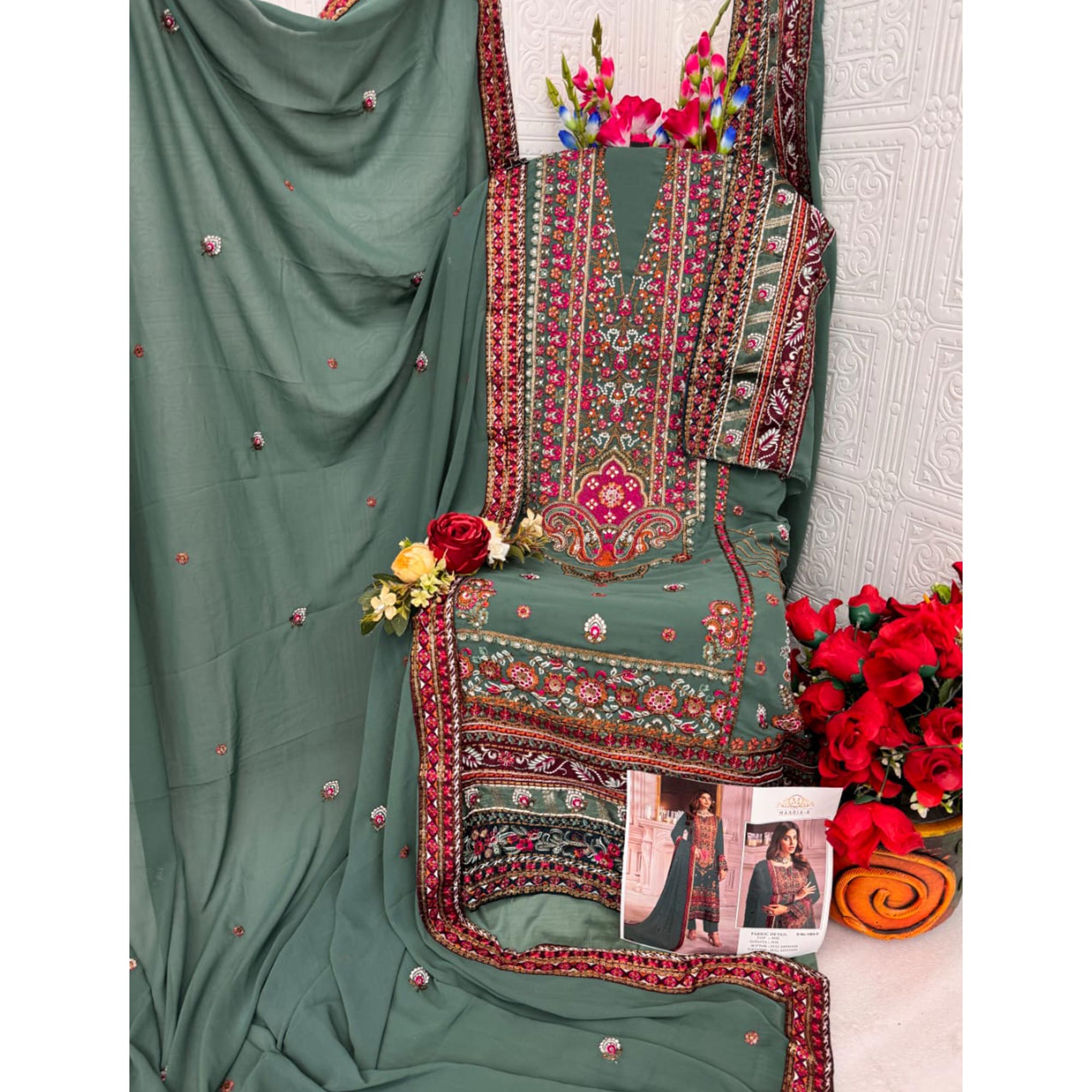 Dusty Green Embroidered Georgette Pakistani Dress Material