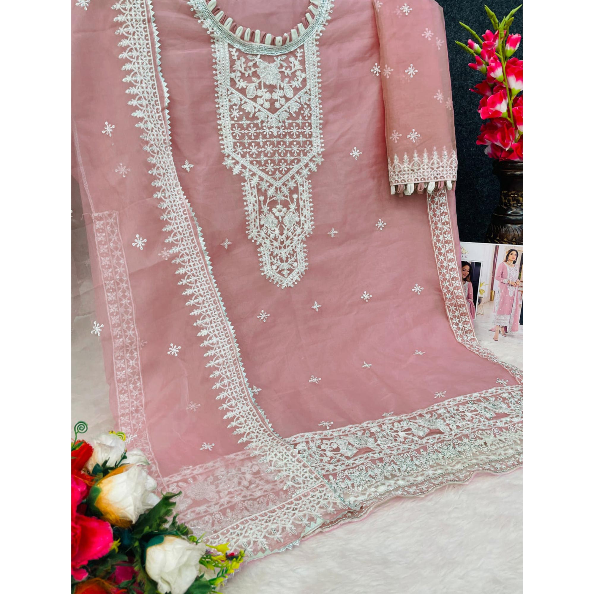 Pink Embroidered Organza Pakistani Semi Stitched Dress Material
