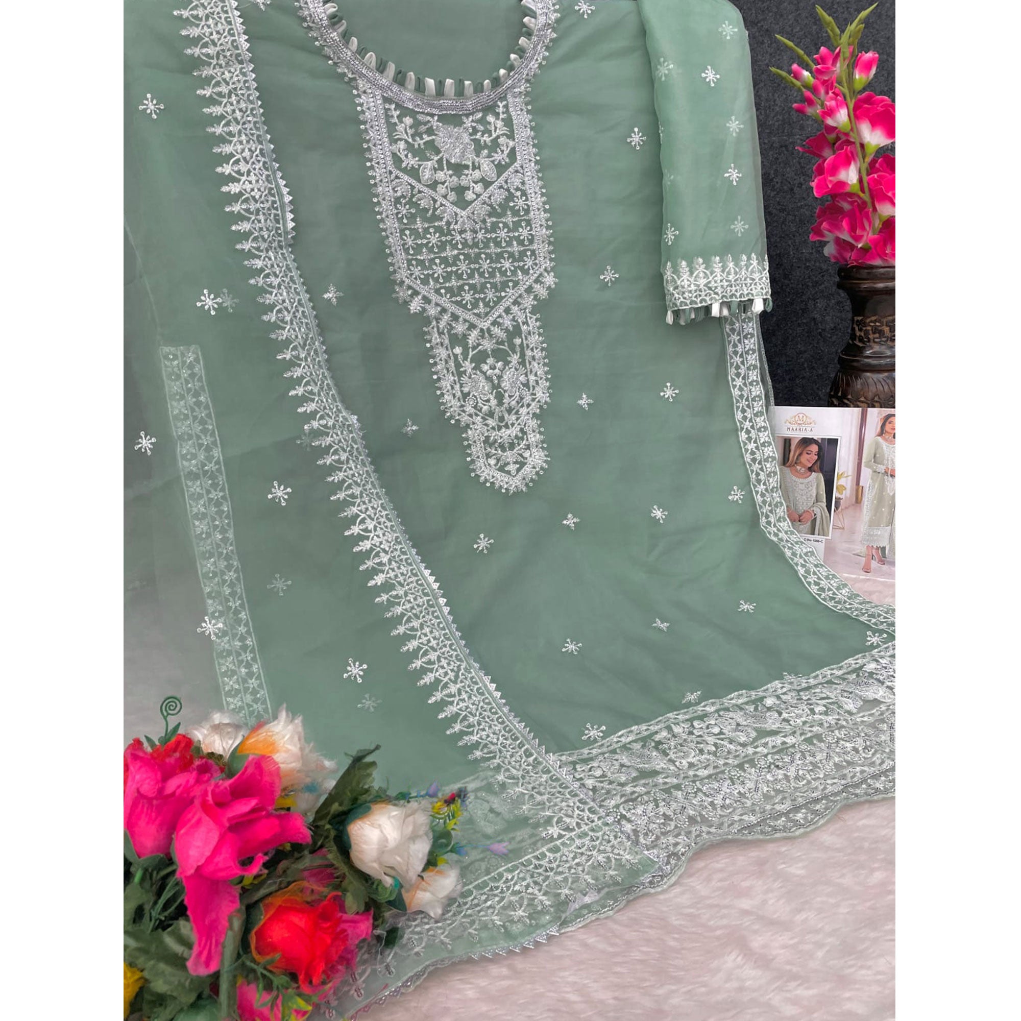 Green Embroidered Organza Pakistani Semi Stitched Dress Material