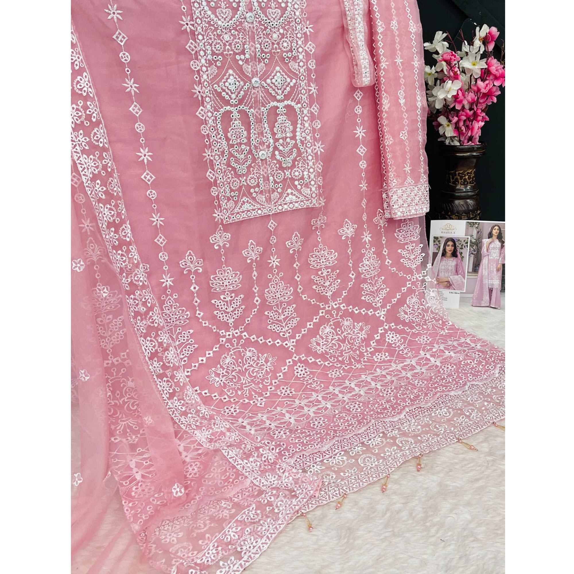 Light Pink Embroidered Organza Pakistani Semi Stitched Dress Material