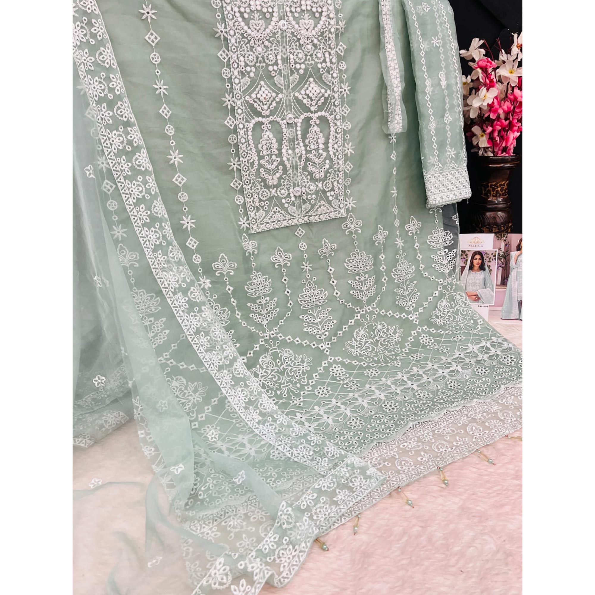 Sea Green Embroidered Organza Pakistani Semi Stitched Dress Material