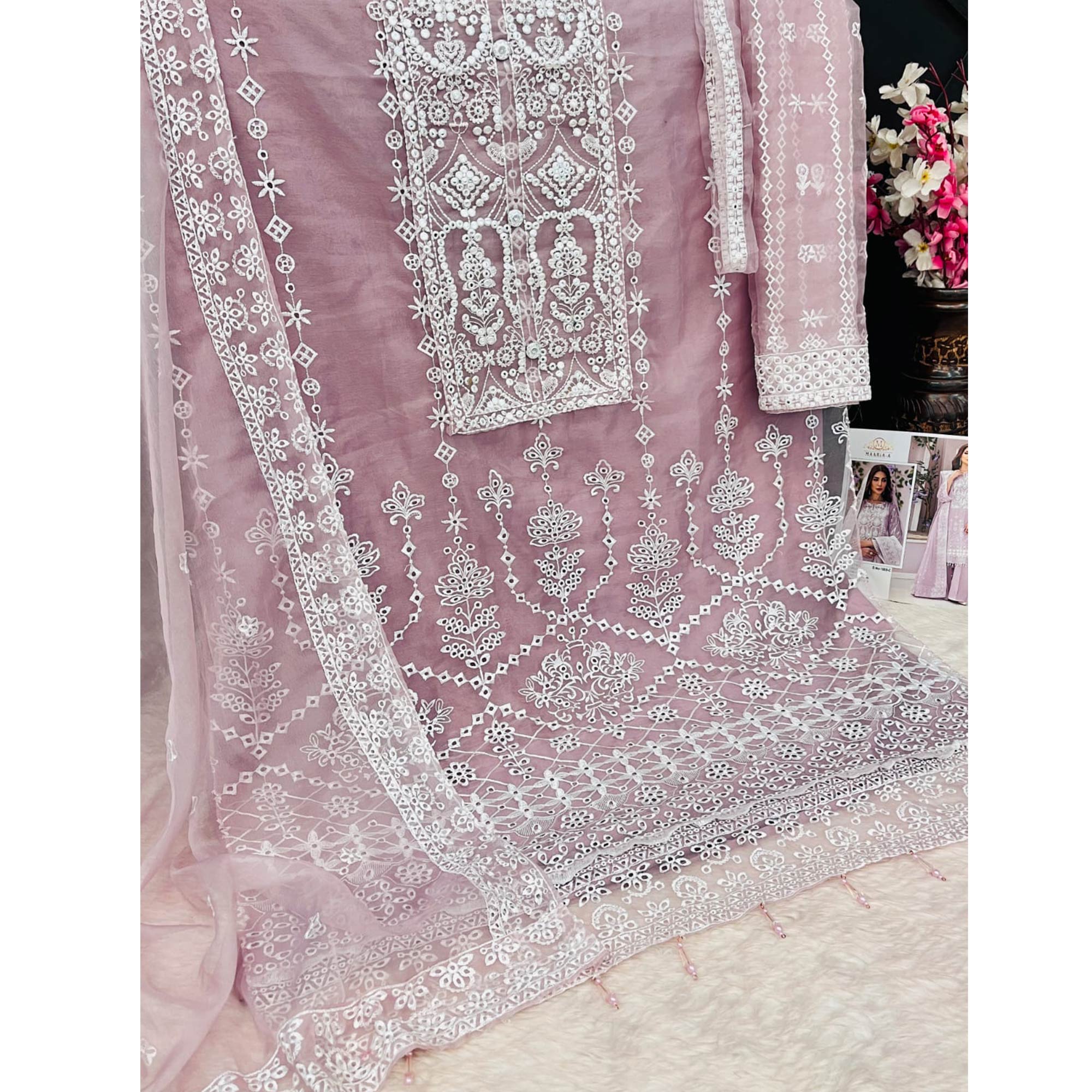 Light Purple Embroidered Organza Pakistani Semi Stitched Dress Material