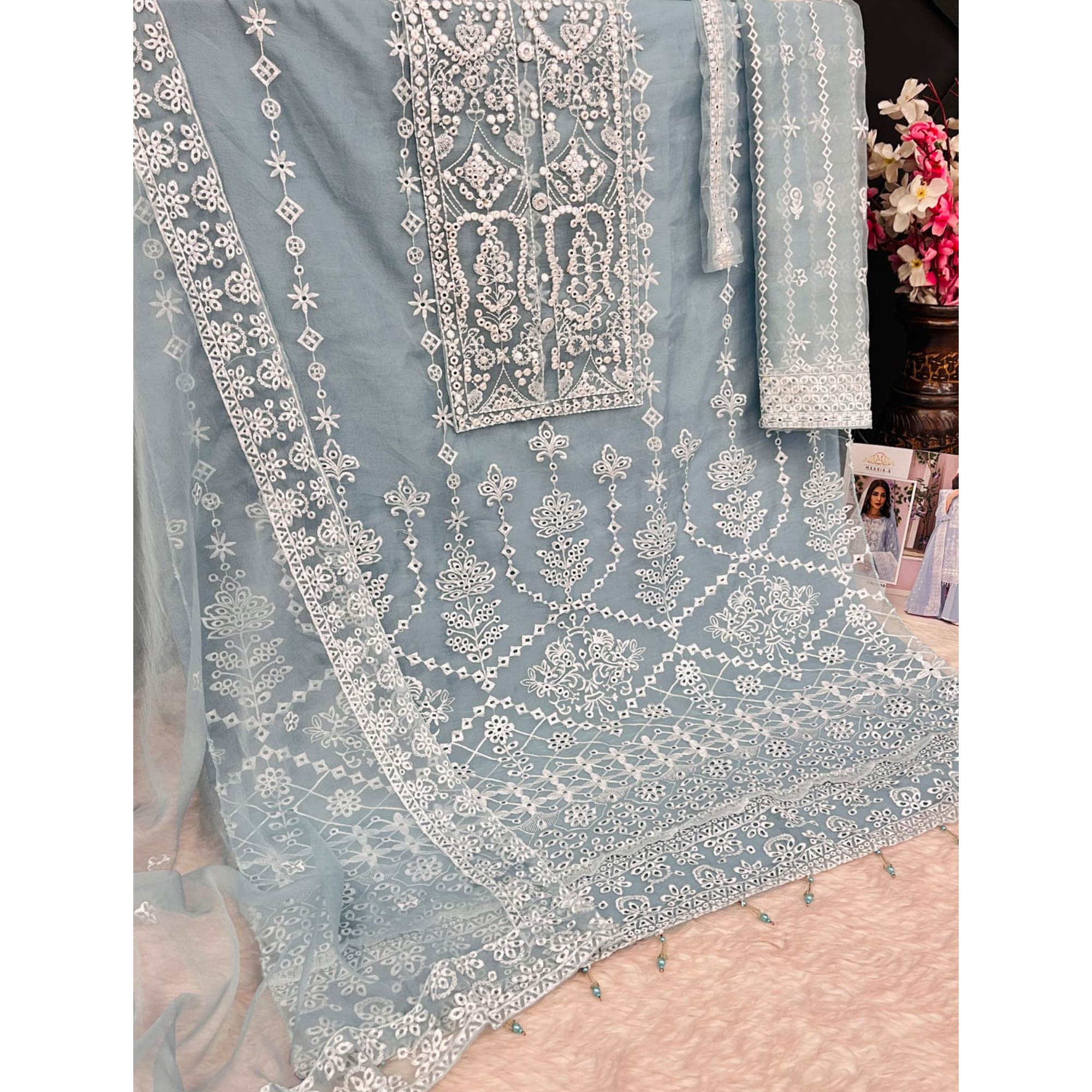 Sky Blue Embroidered Organza Pakistani Semi Stitched Dress Material