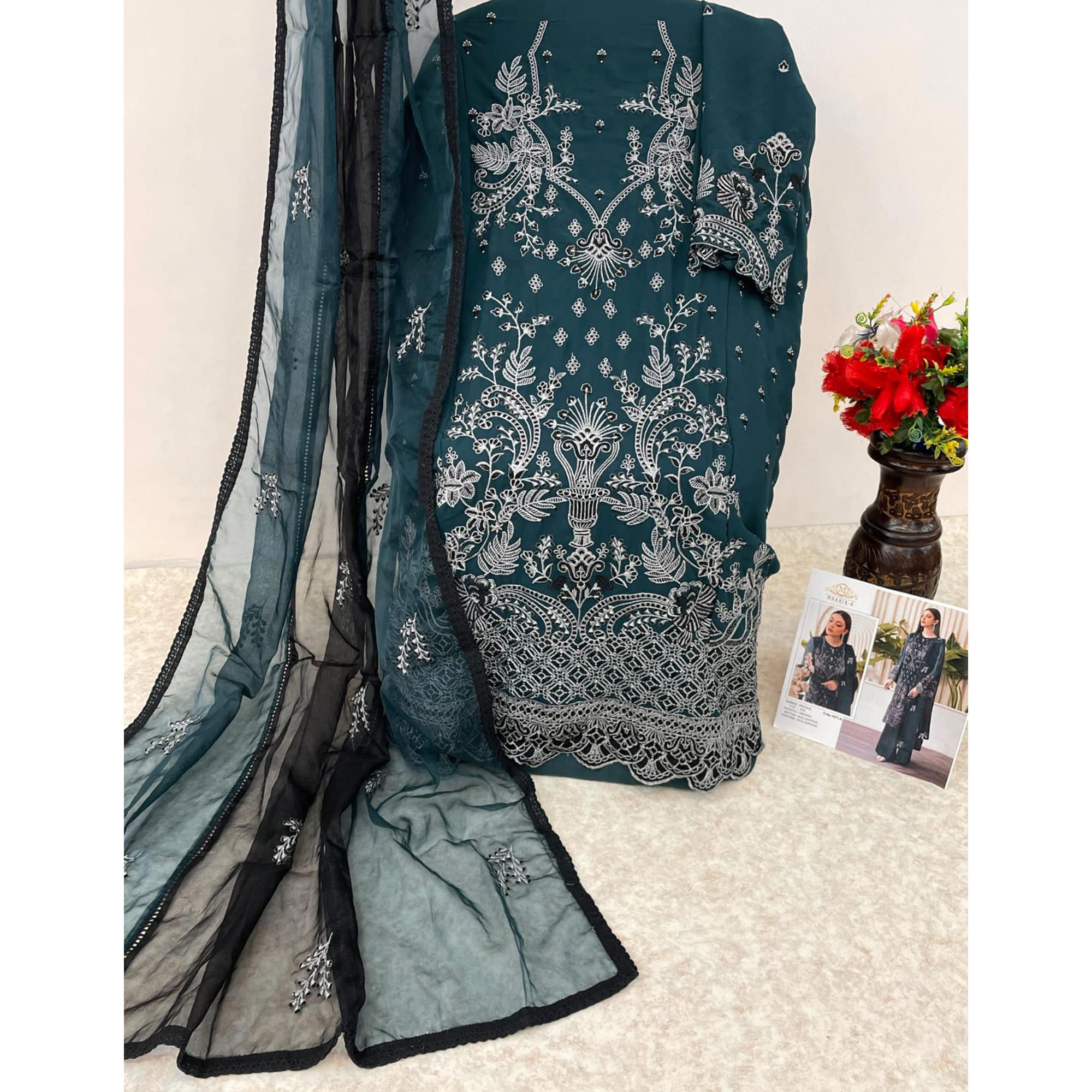 Teal Embroidered Georgette Pakistani Semi Stitched Dress Material