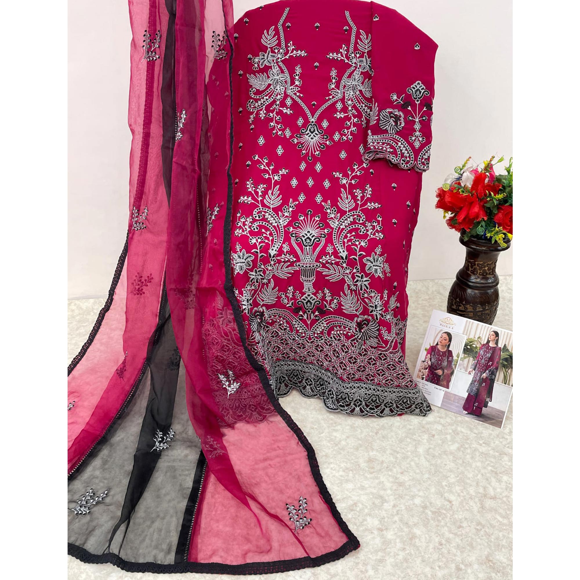 Magenta Embroidered Georgette Pakistani Semi Stitched Dress Material