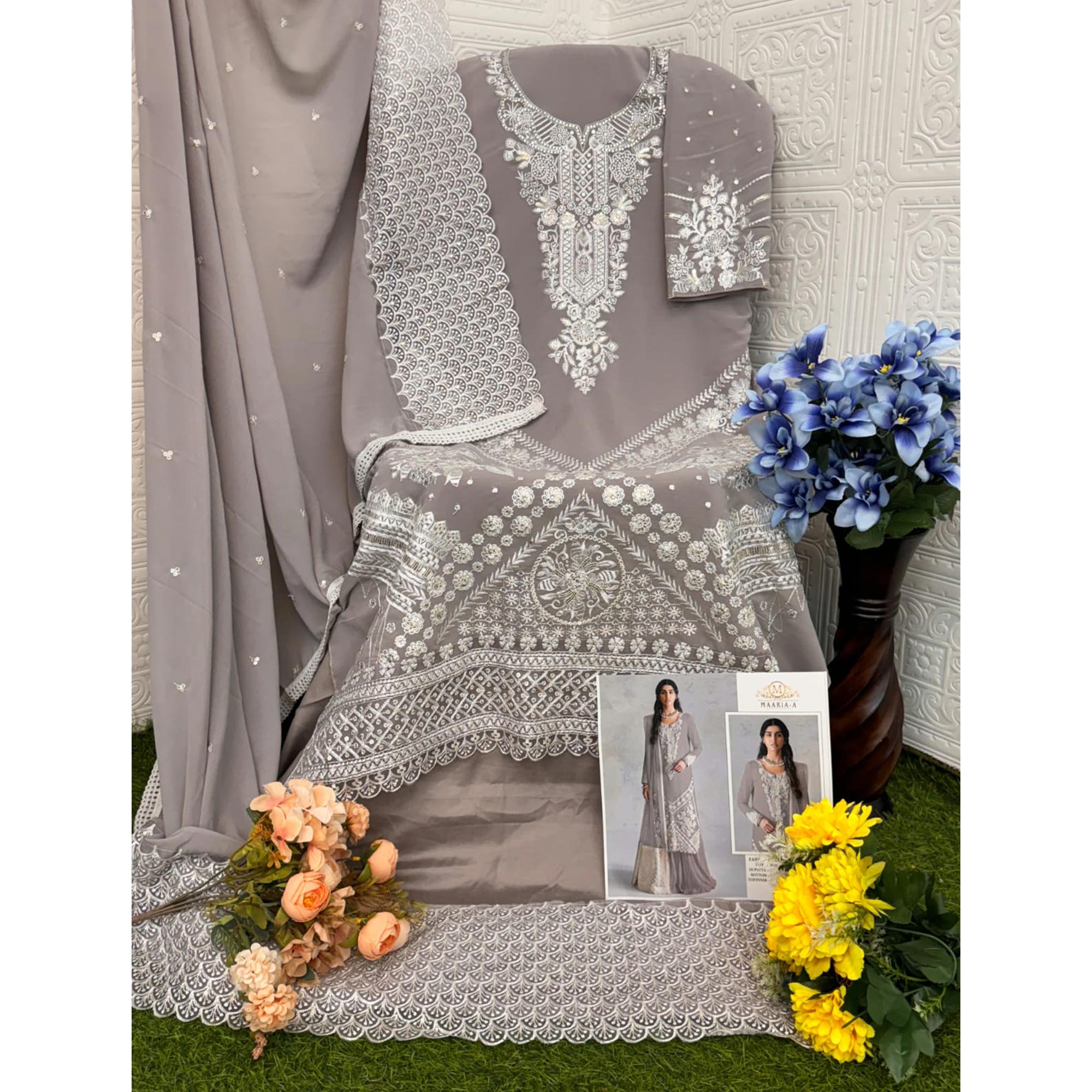 Light Grey Embroidered Georgette Pakistani Dress Material