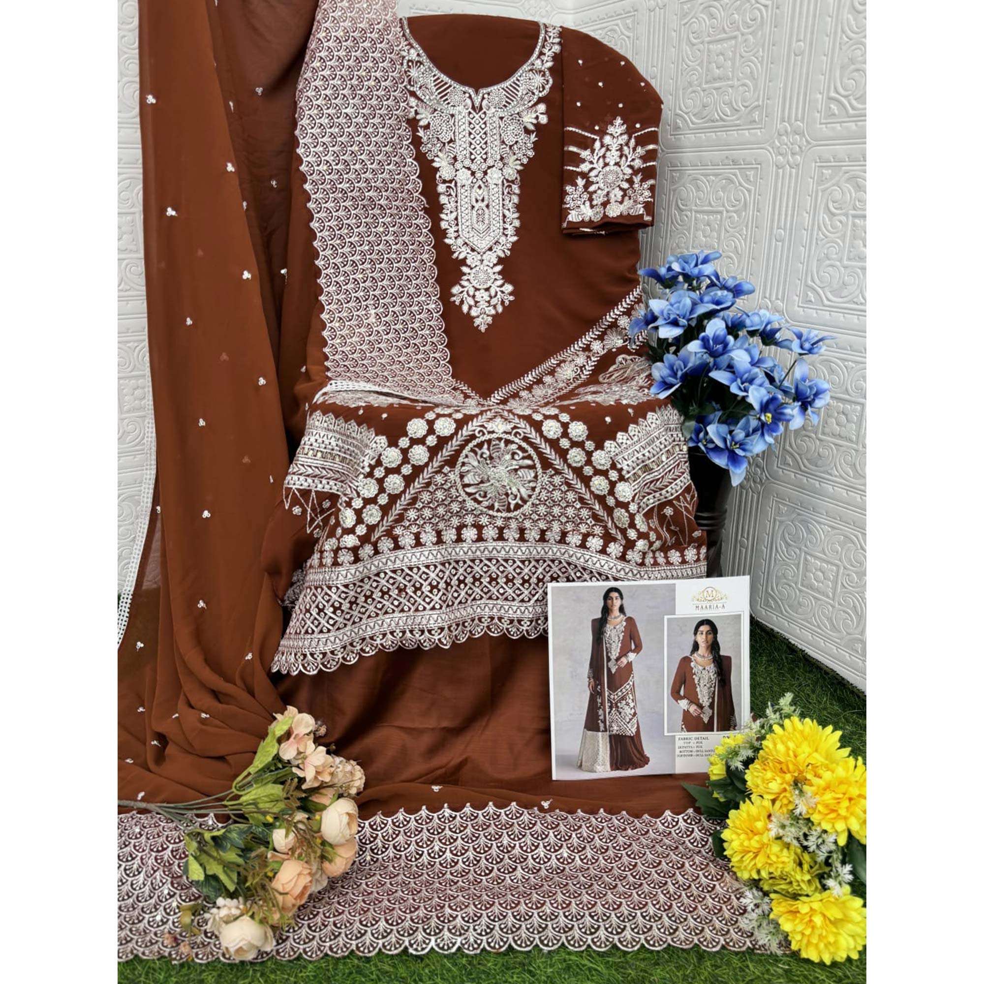 Brown Embroidered Georgette Pakistani Dress Material