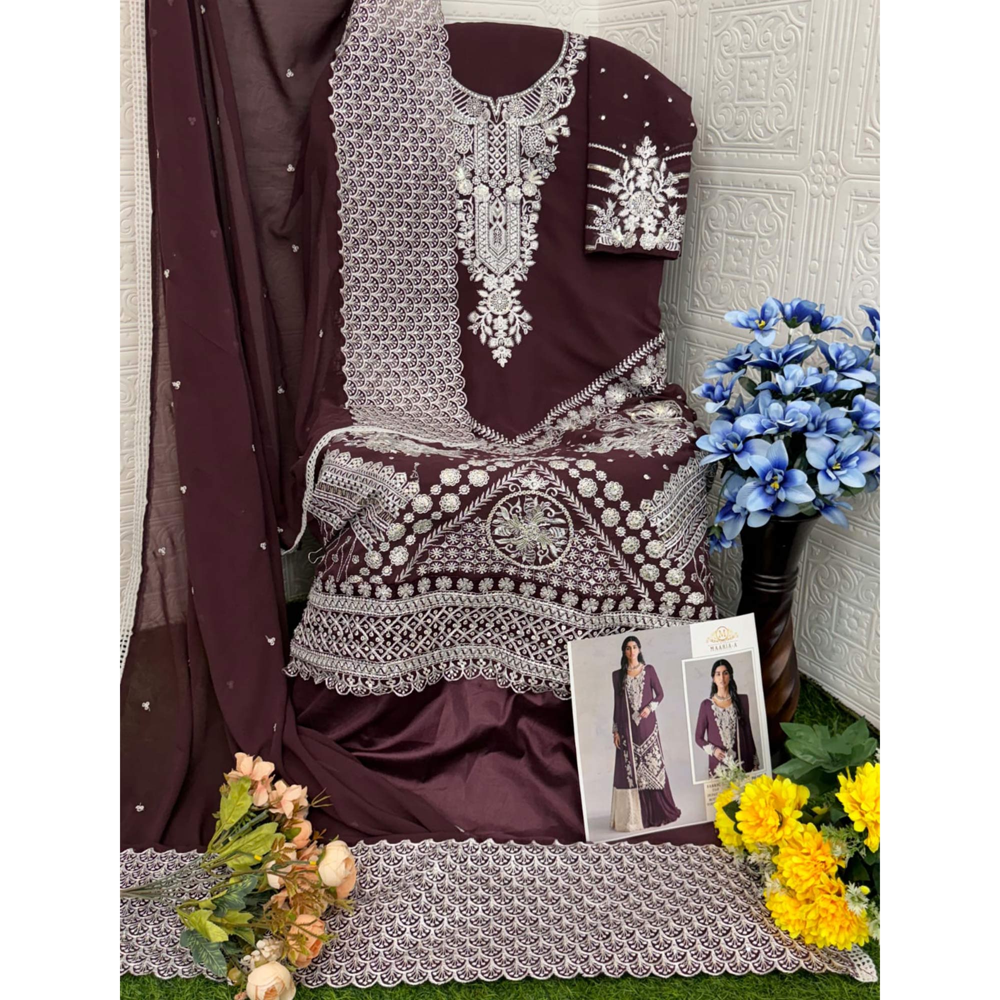 Wine Embroidered Georgette Pakistani Dress Material