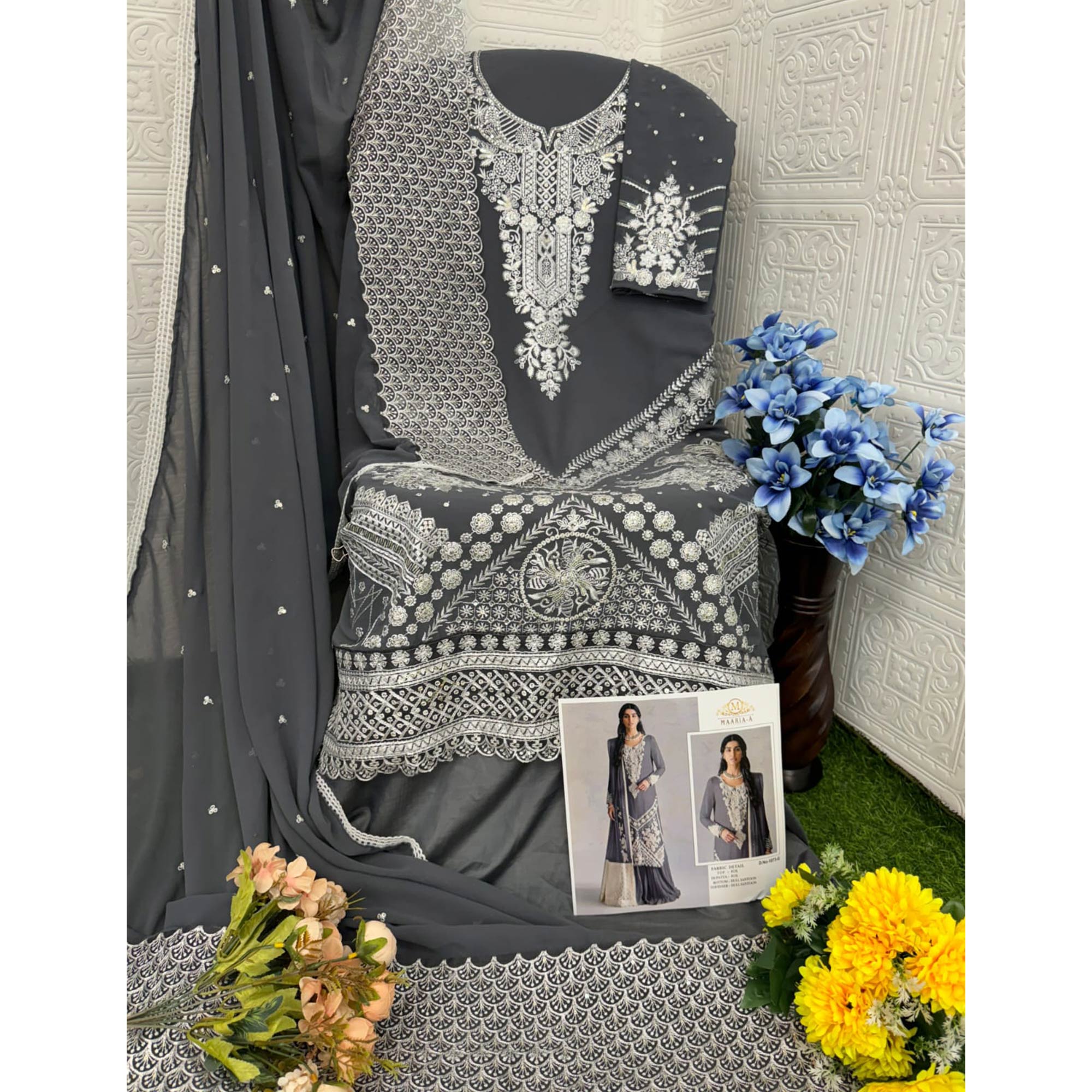 Grey Embroidered Georgette Pakistani Dress Material