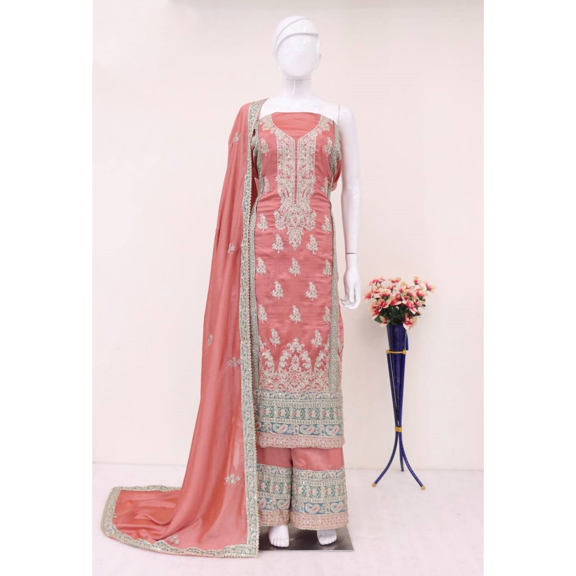 Peach Floral Sequins Embroidered Vichitra Silk Semi Stitched Palazzo Suit