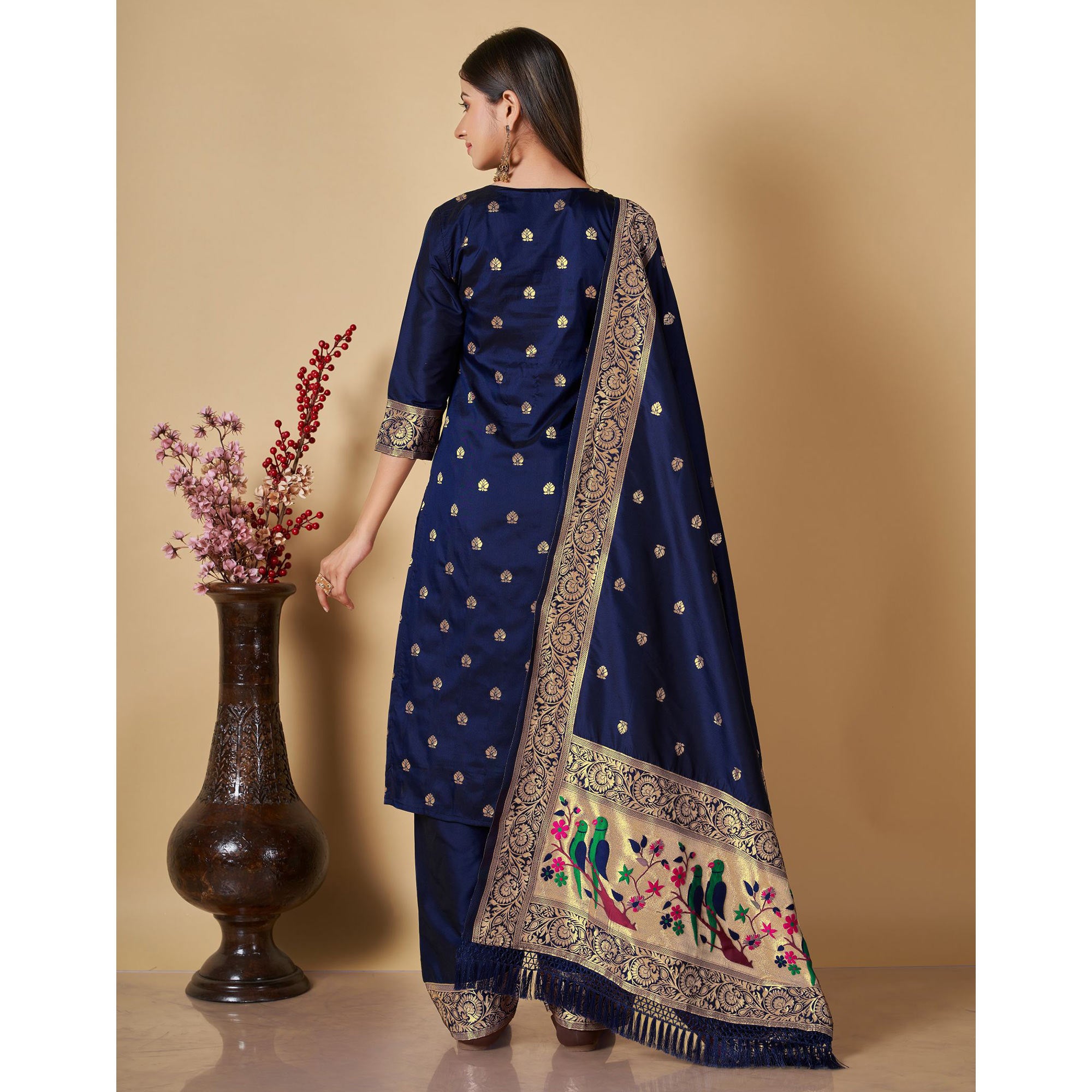 Navy Blue Floral Woven Banarasi Silk Paithani Dress Material