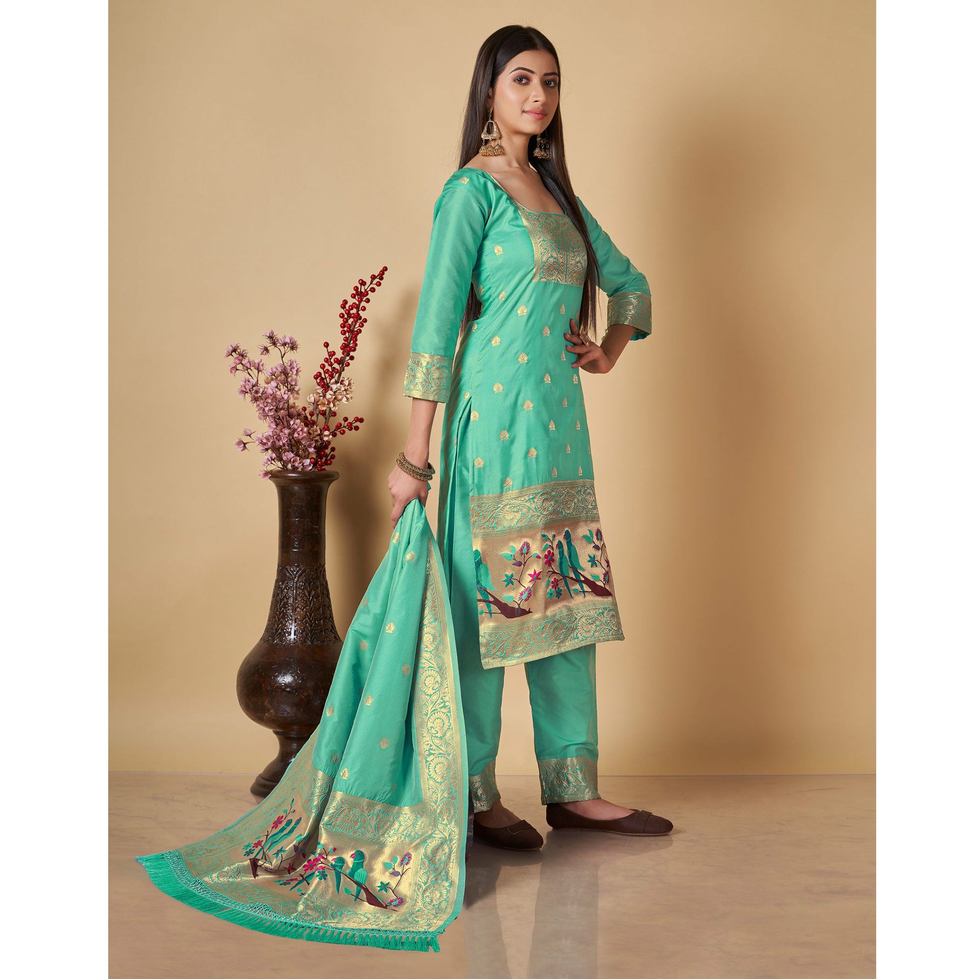 Sea Green Floral Woven Banarasi Silk Paithani Dress Material