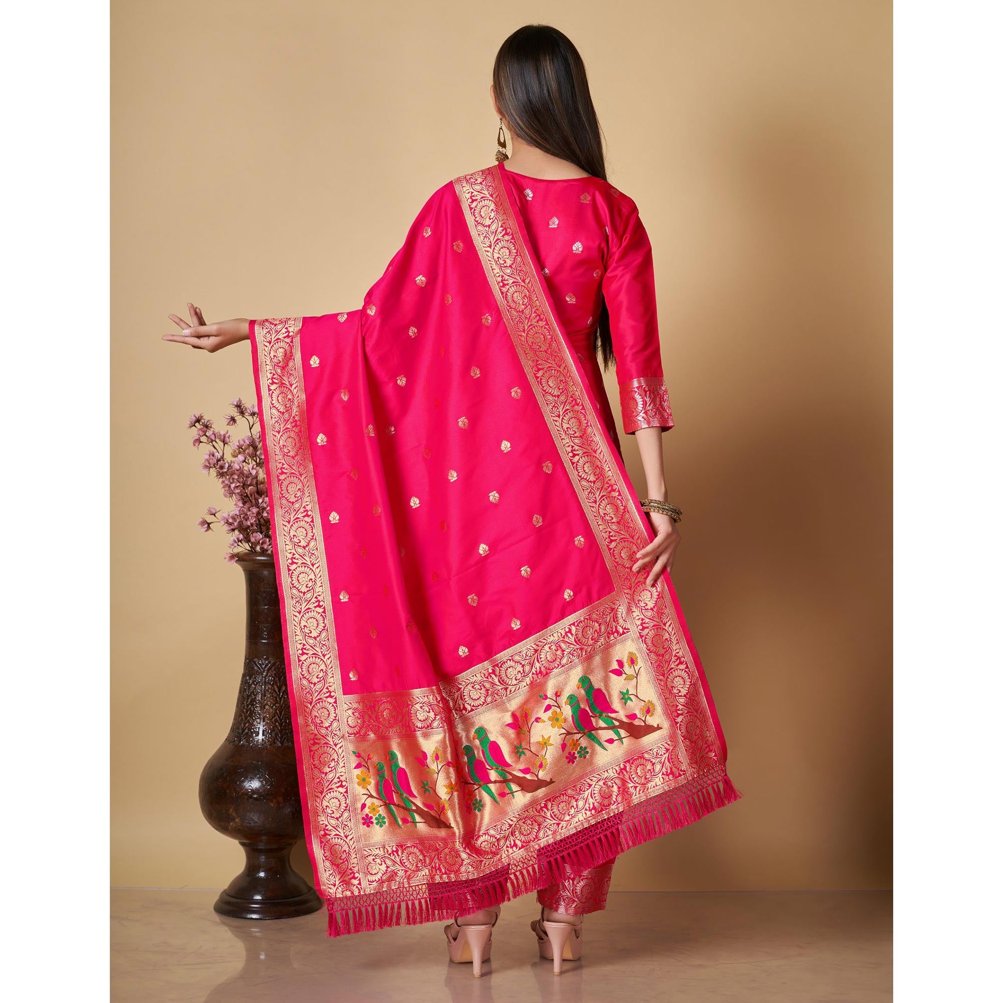 Pink Floral Woven Banarasi Silk Paithani Dress Material