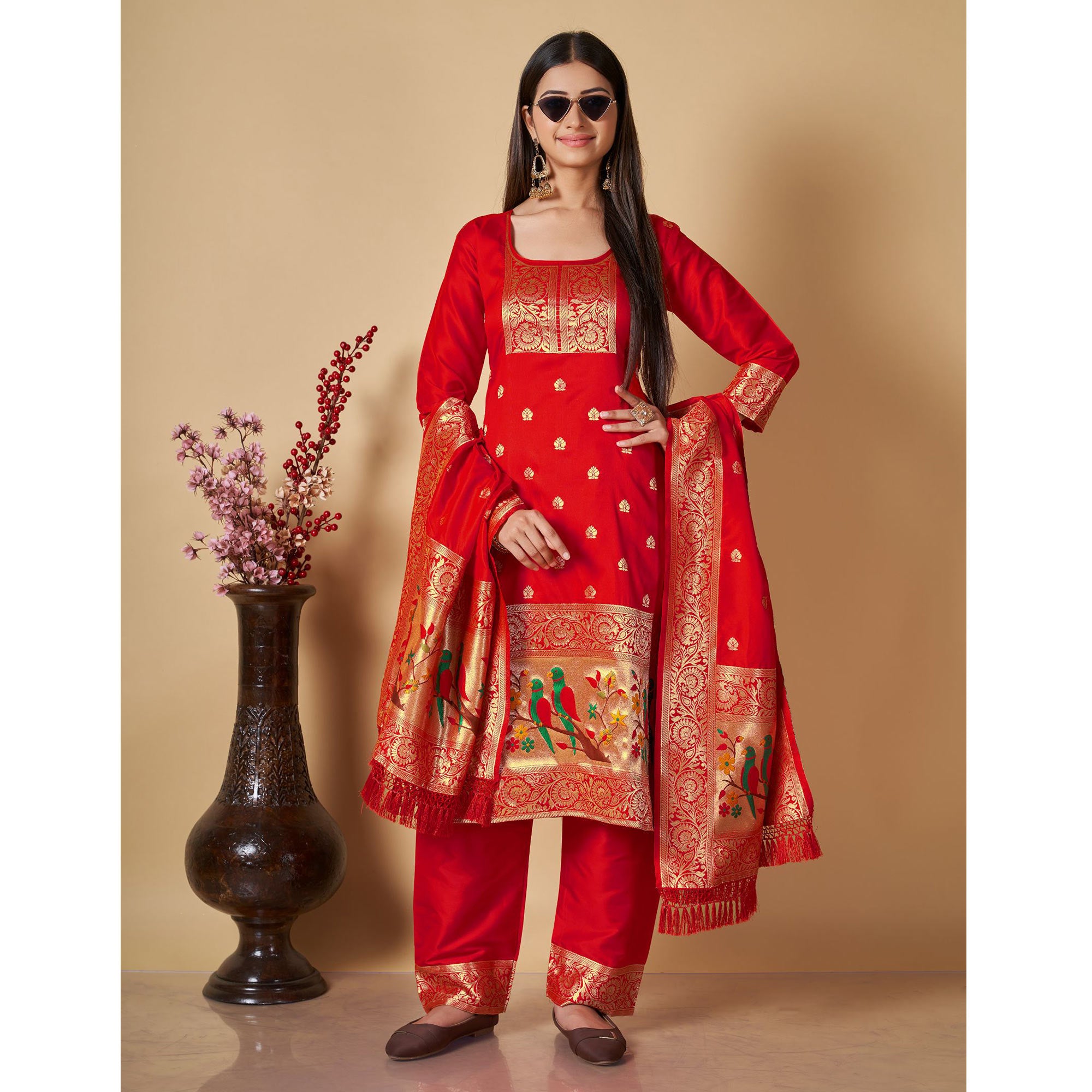 Red Floral Woven Banarasi Silk Paithani Dress Material
