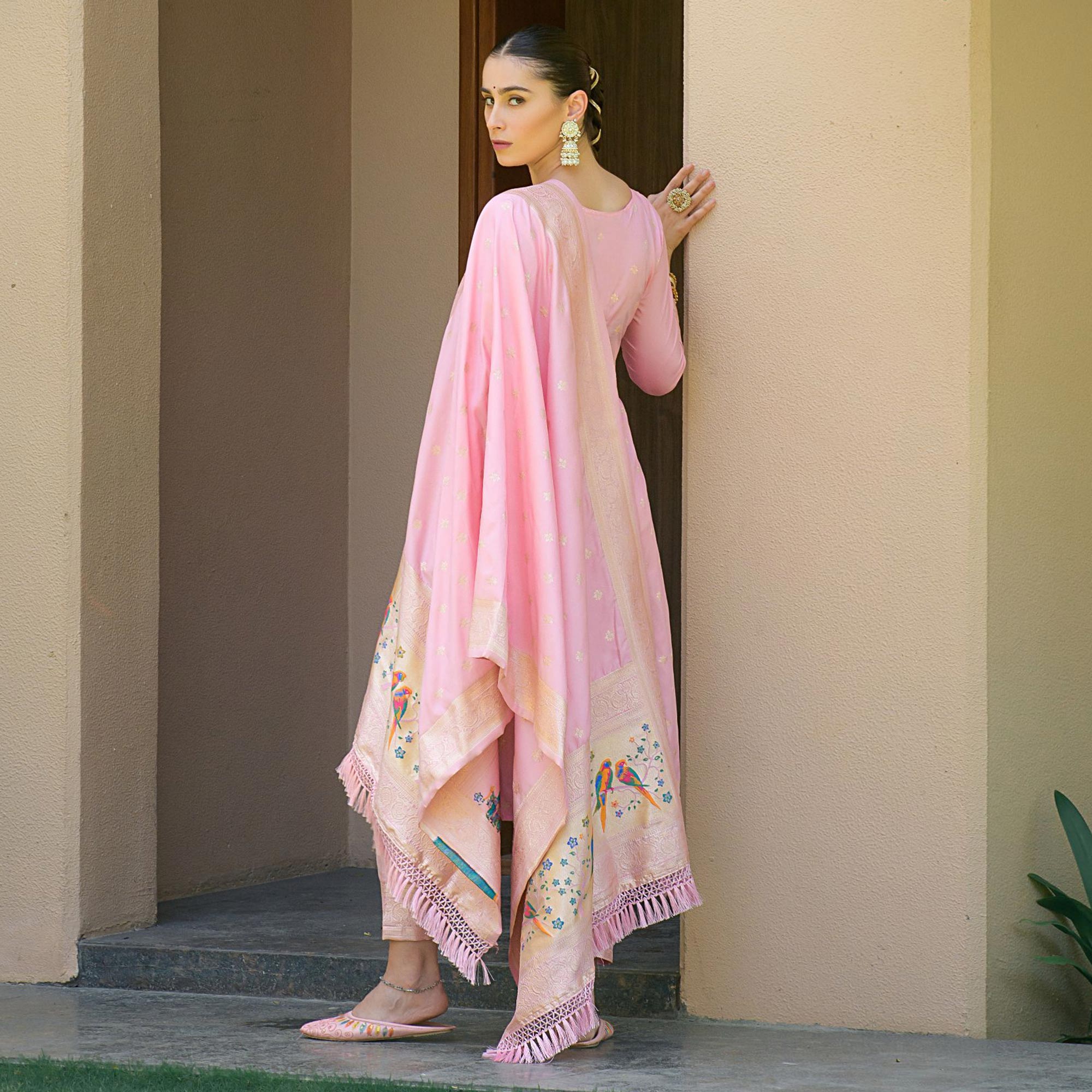 Baby Pink Floral Woven Banarasi Silk Paithani Dress Material