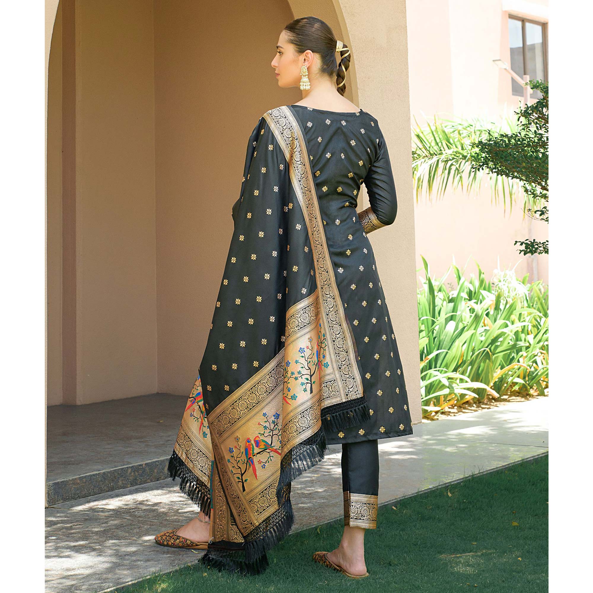 Black Floral Woven Banarasi Silk Paithani Dress Material