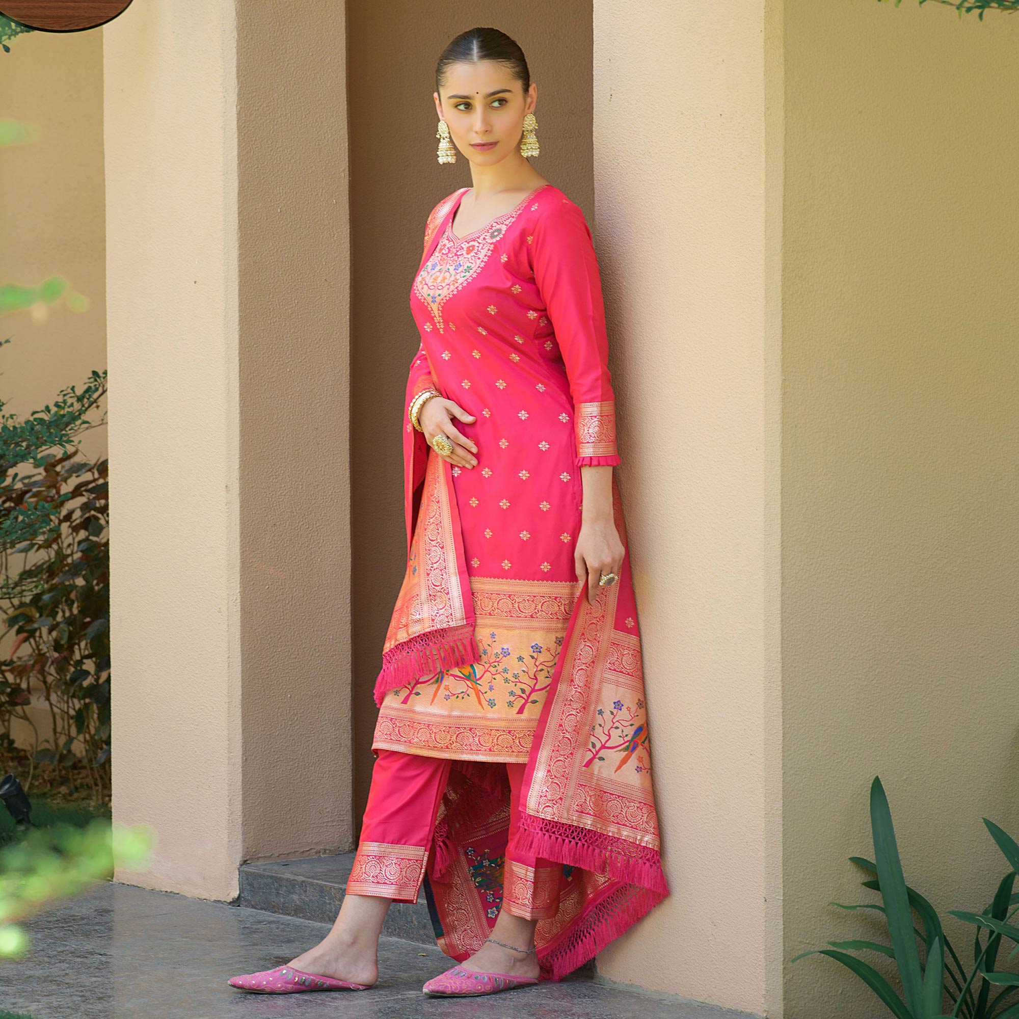 Pink Floral Woven Banarasi Silk Paithani Dress Material