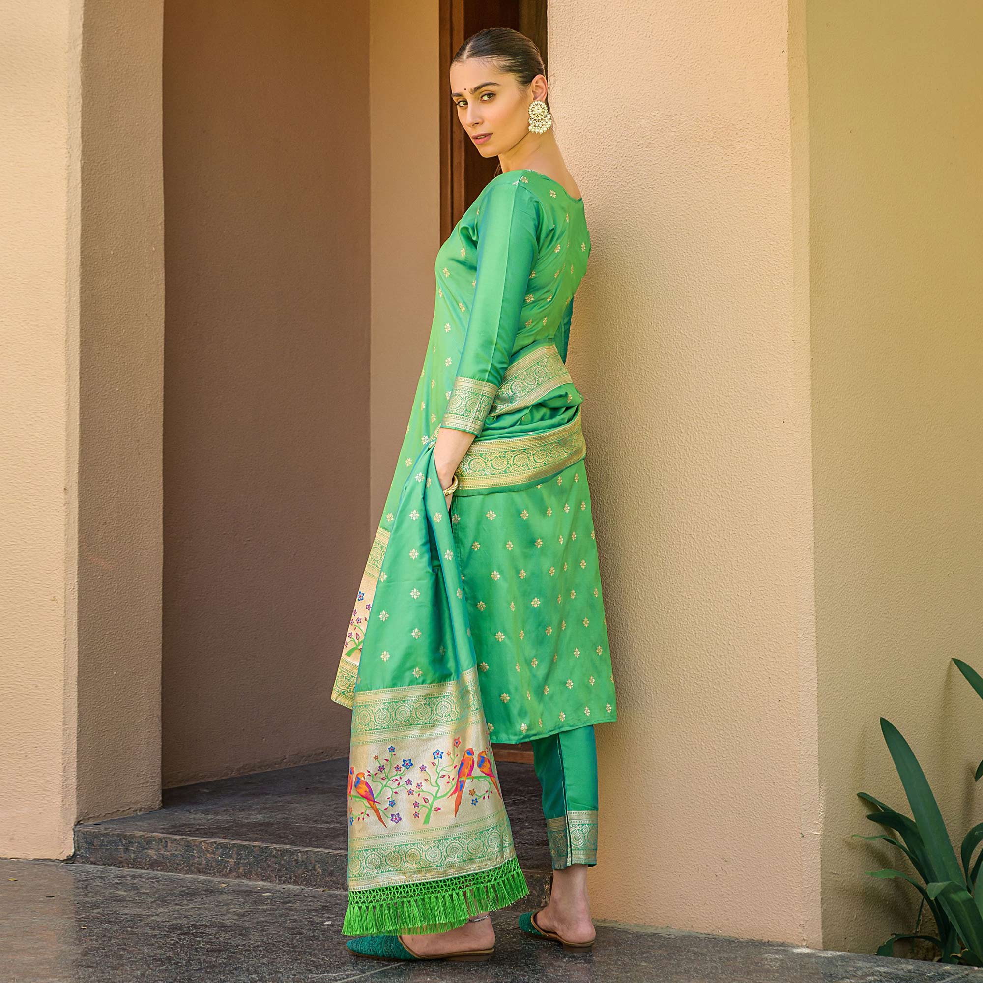 Green Floral Woven Banarasi Silk Paithani Dress Material