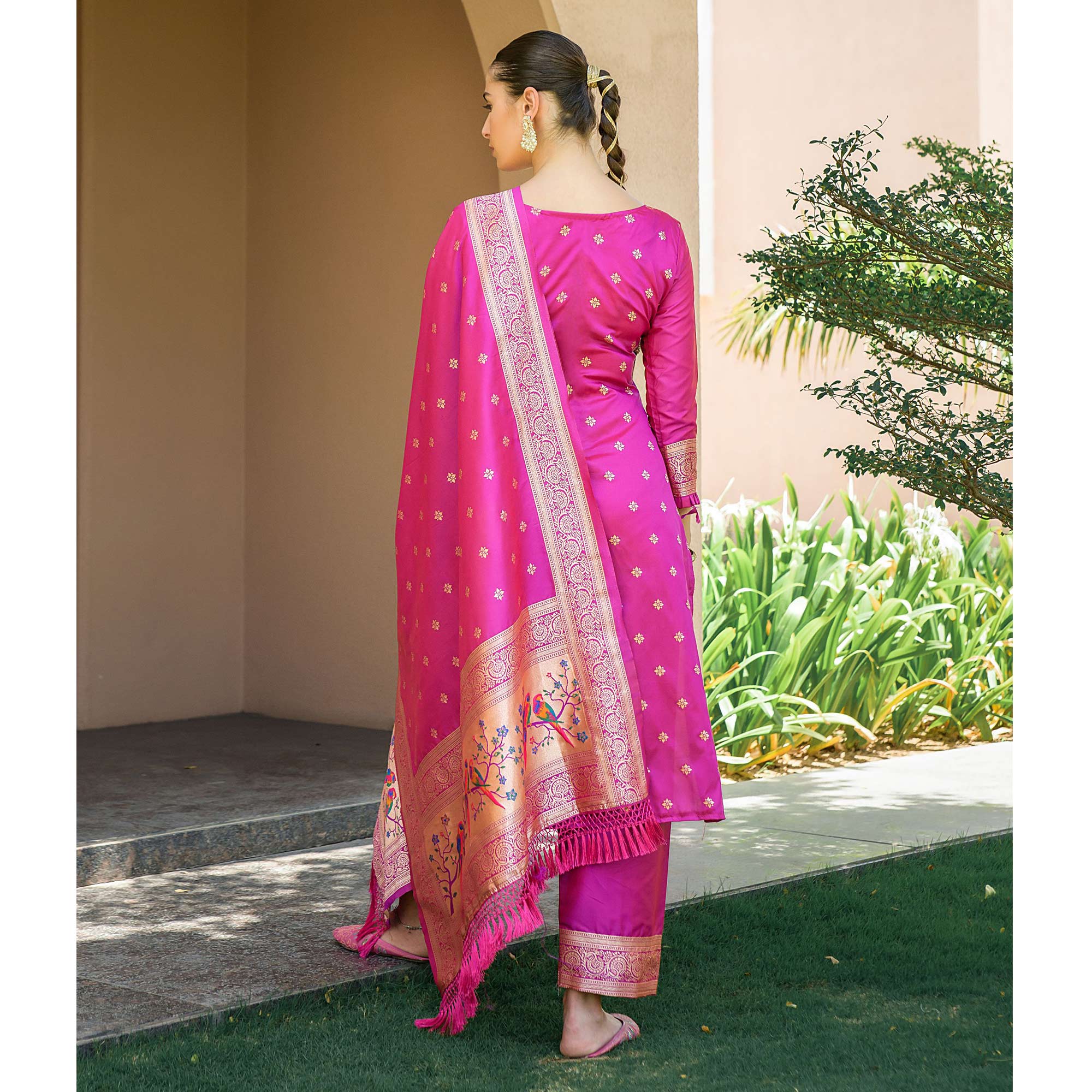 Rani Pink Floral Woven Banarasi Silk Paithani Dress Material