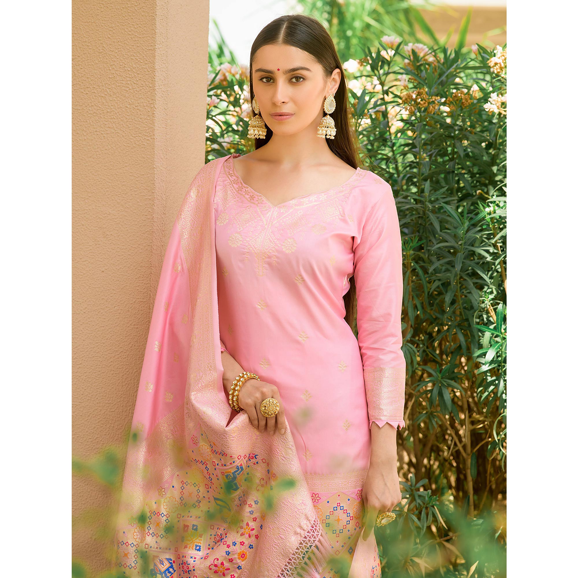 Baby Pink Floral Woven Banarasi Silk Paithani Dress Material