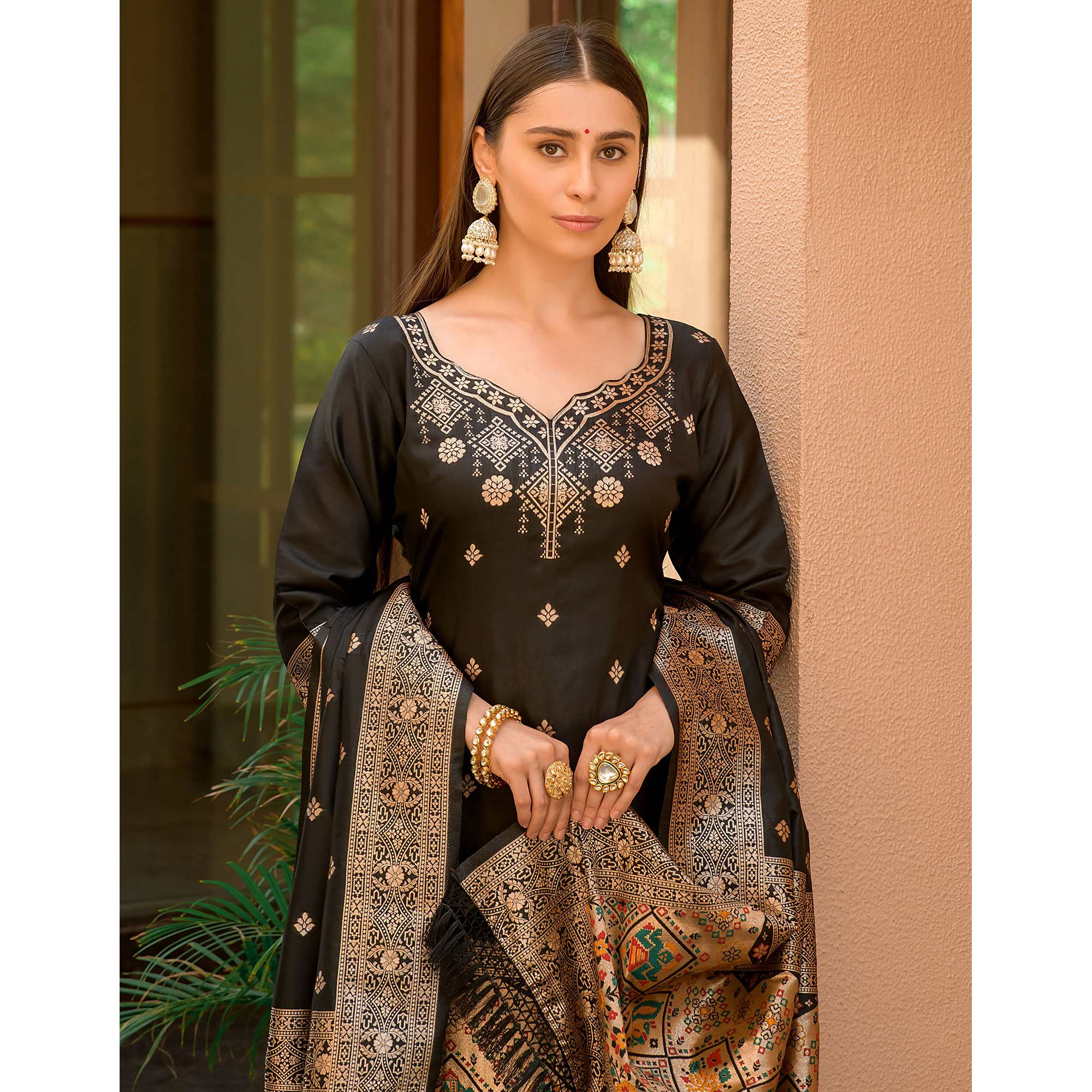 Black Floral Woven Banarasi Silk Paithani Dress Material
