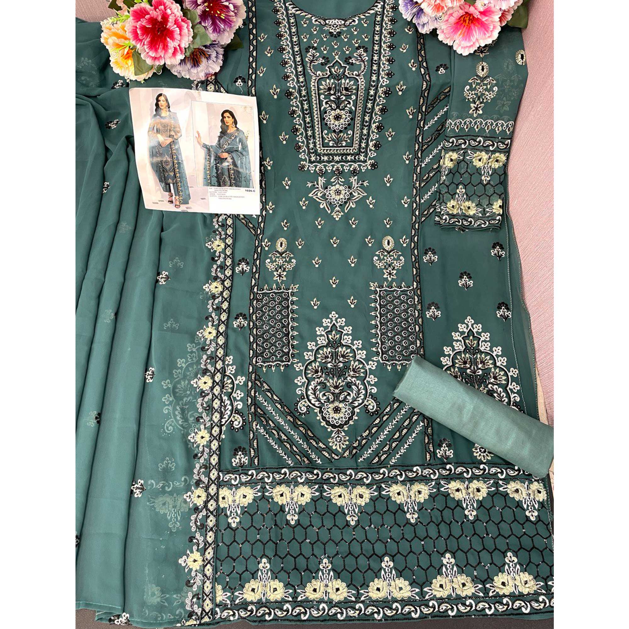 Green Floral Embroidered Georgette Semi Stitched Pakistani Suit