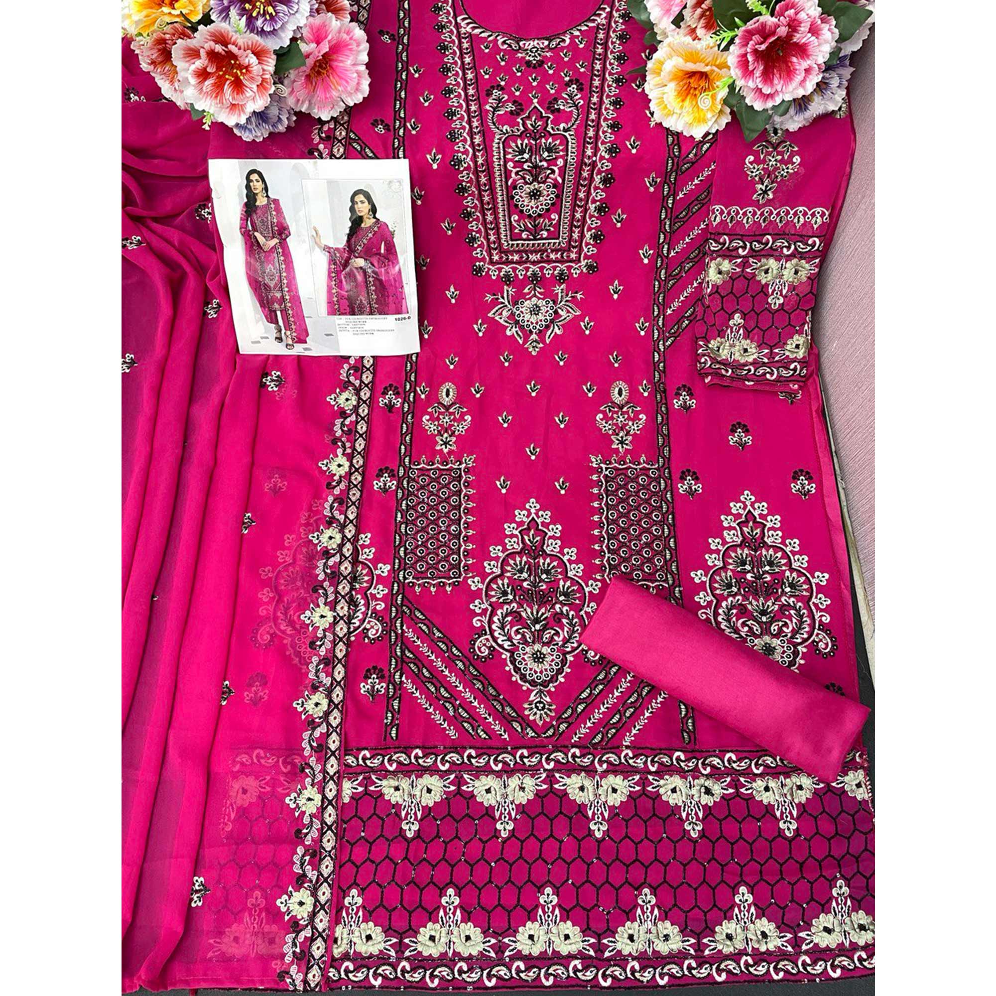 Pink Floral Embroidered Georgette Semi Stitched Pakistani Suit