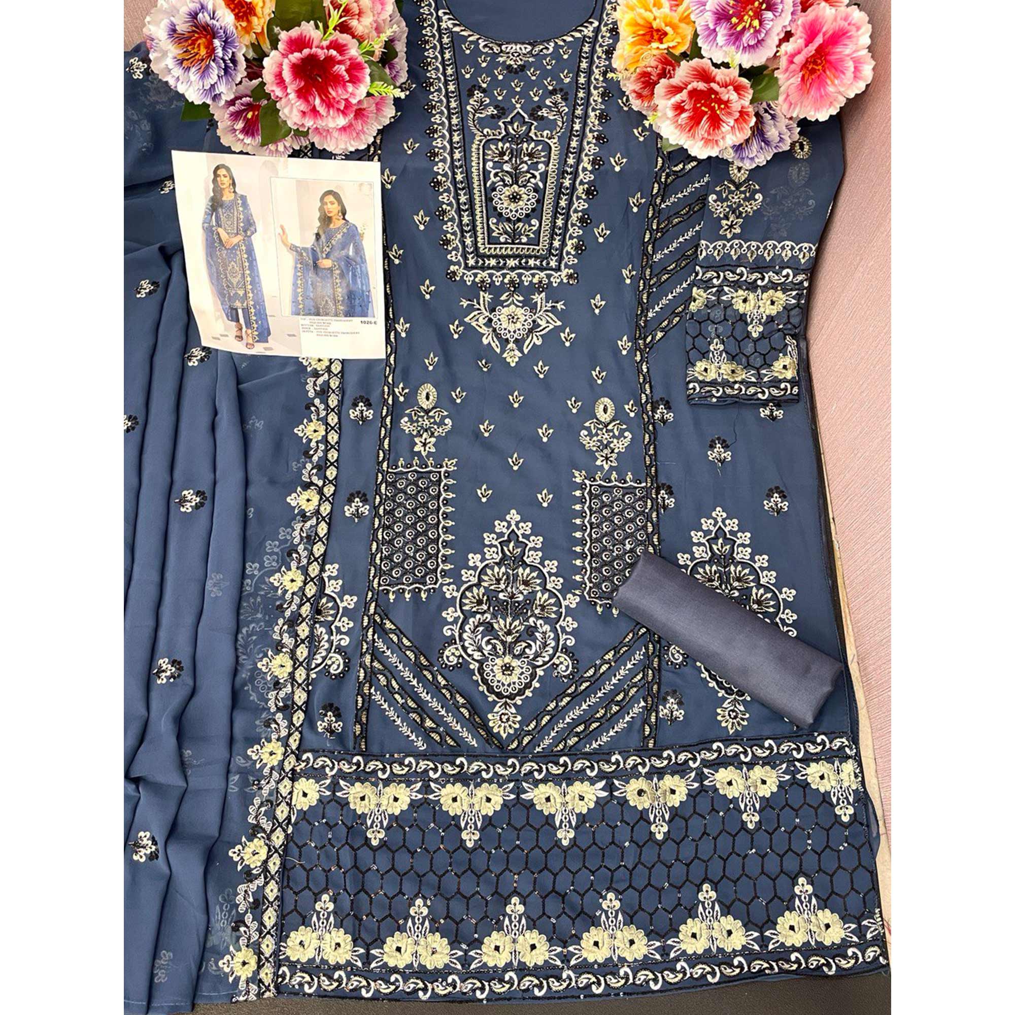 Blue Floral Embroidered Georgette Semi Stitched Pakistani Suit