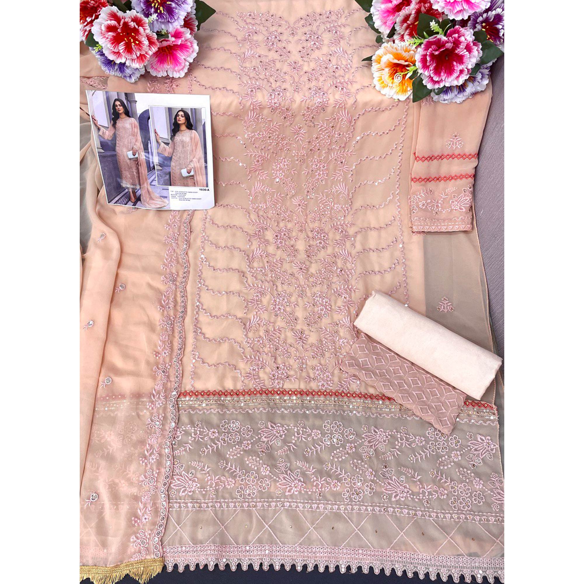 Peach Floral Embroidered Georgette Semi Stitched Suit