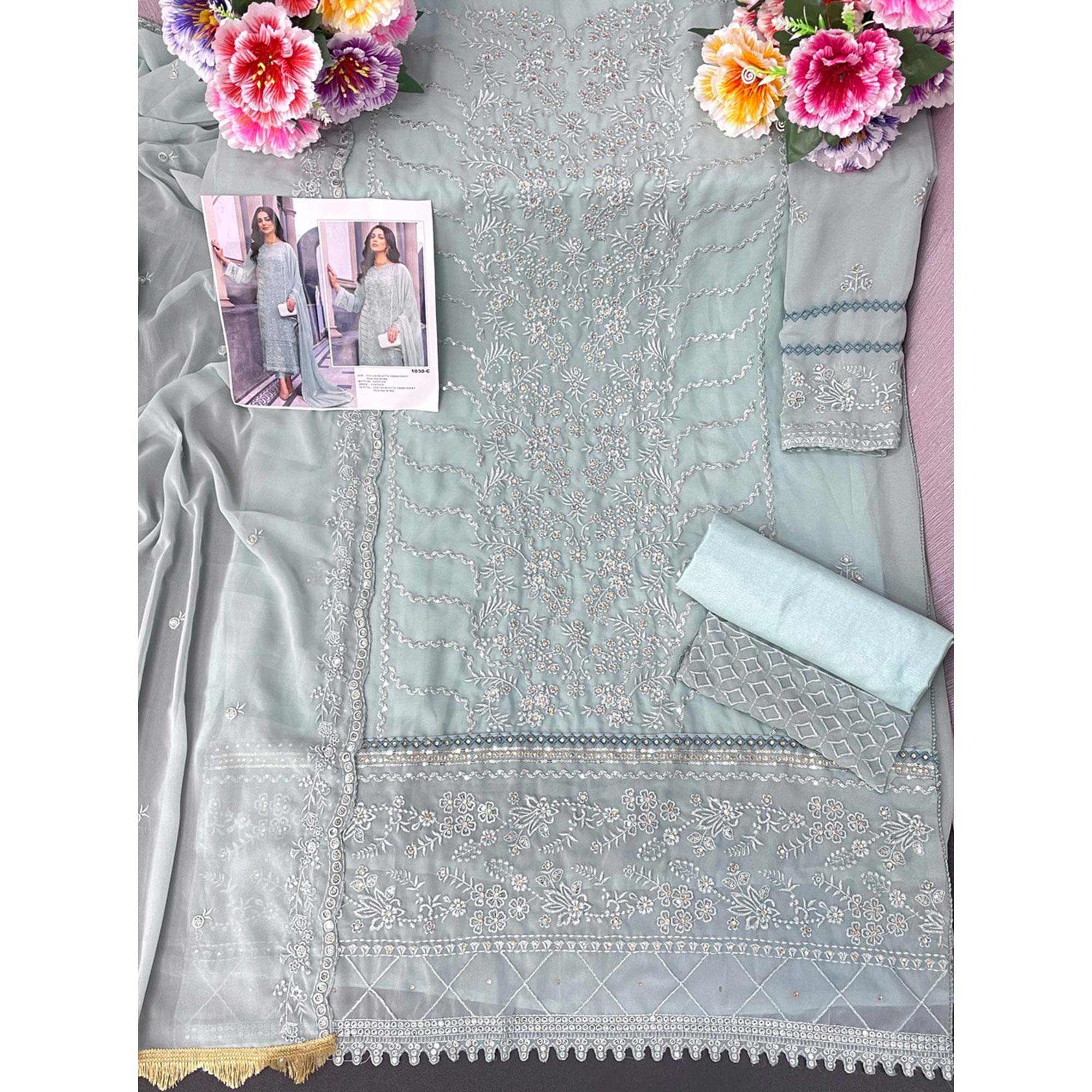 Teal Grey Floral Embroidered Georgette Semi Stitched Suit