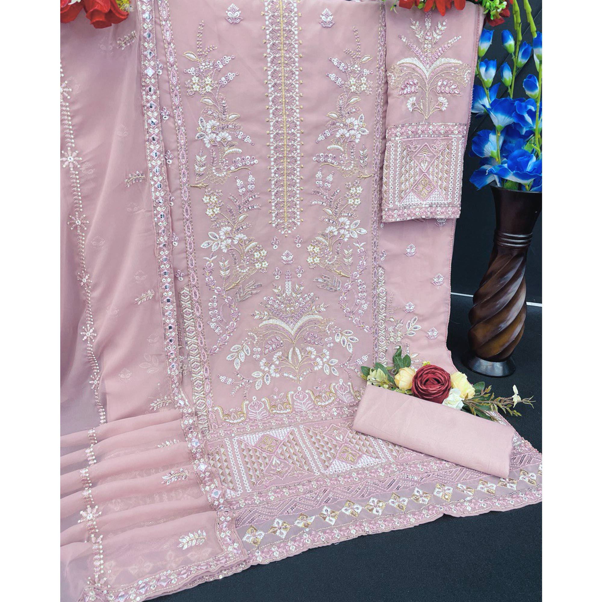Pink Floral Sequins Embroidered Georgette Semi Stitched Suit