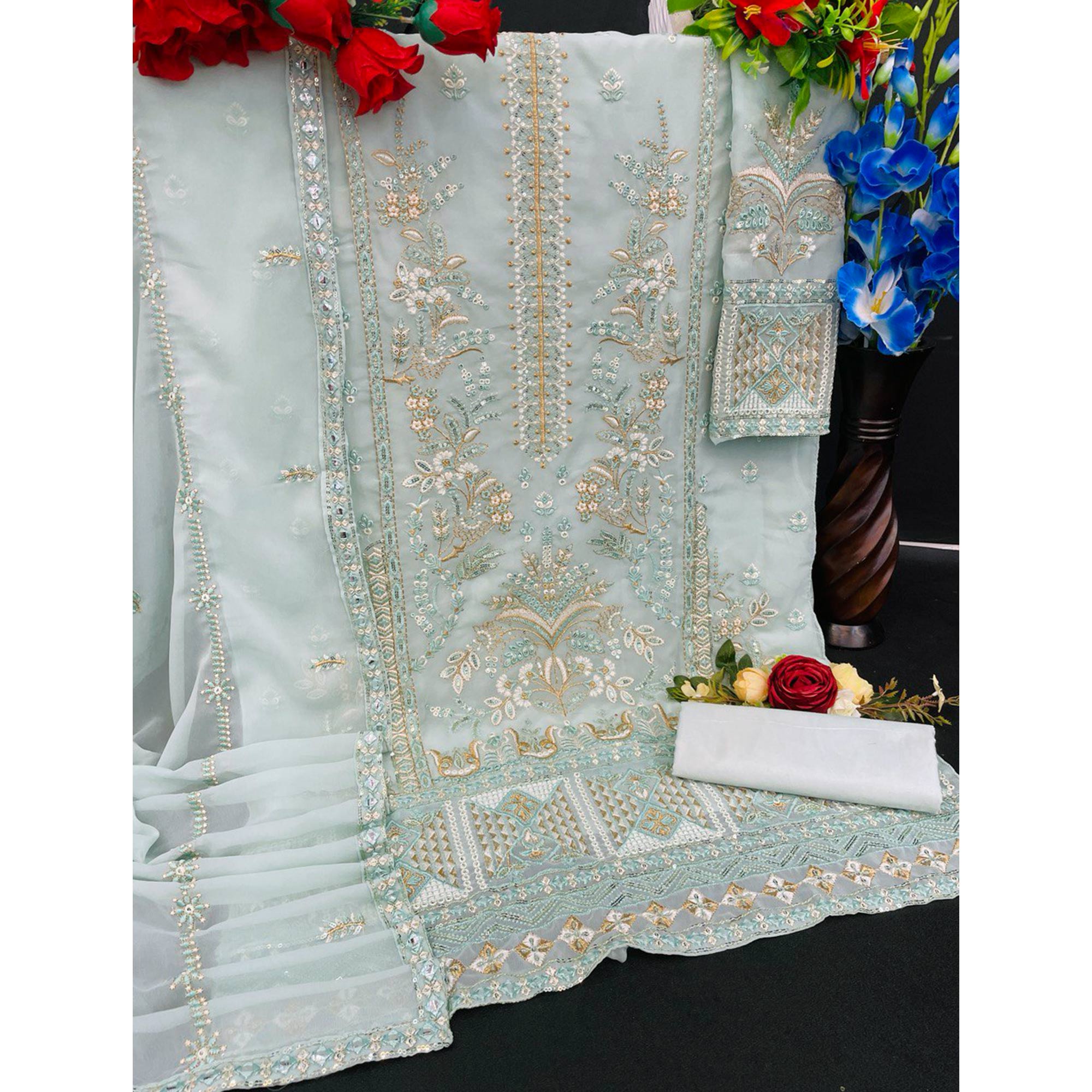 Green Floral Sequins Embroidered Georgette Semi Stitched Suit