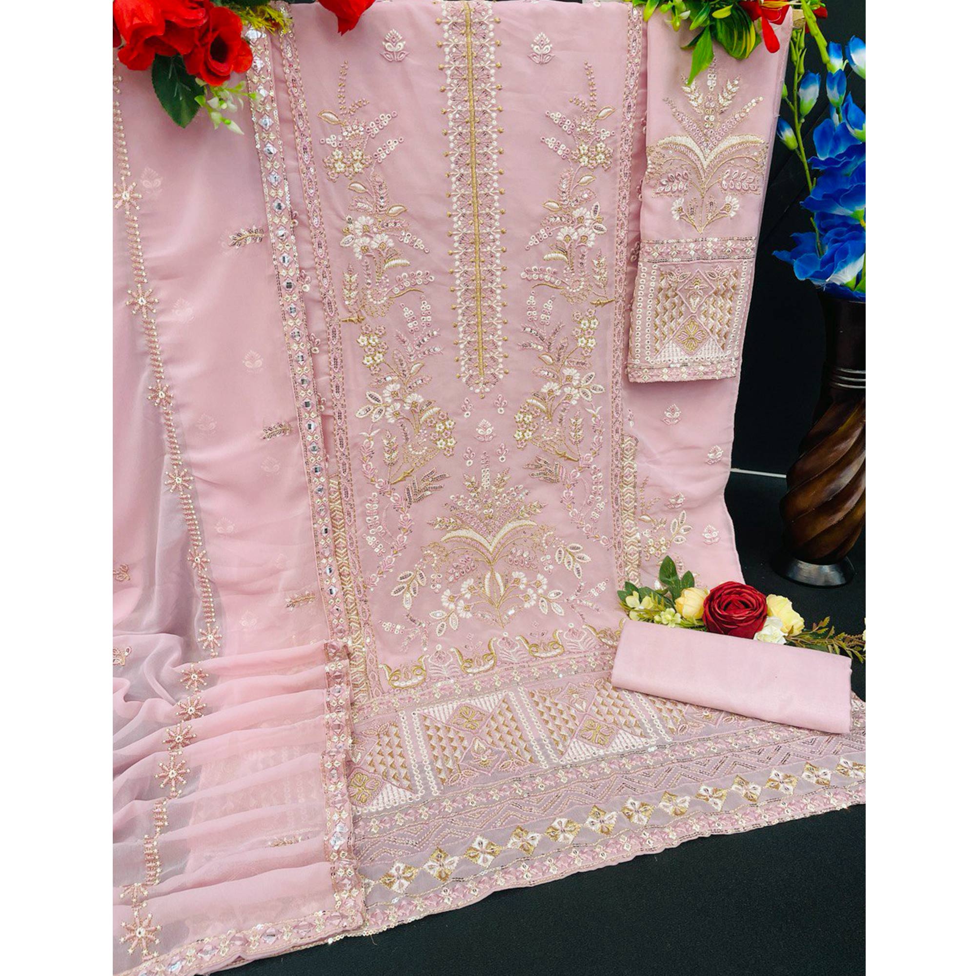 Peach Floral Sequins Embroidered Georgette Semi Stitched Suit