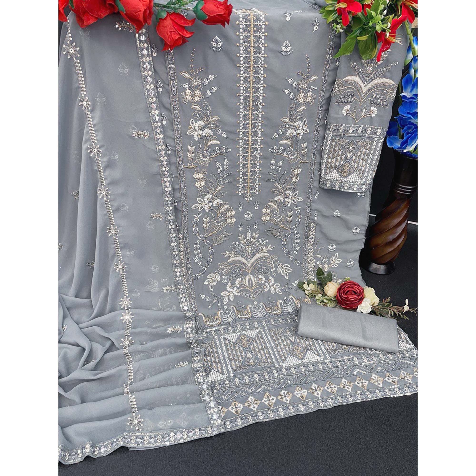 Grey Floral Sequins Embroidered Georgette Semi Stitched Suit