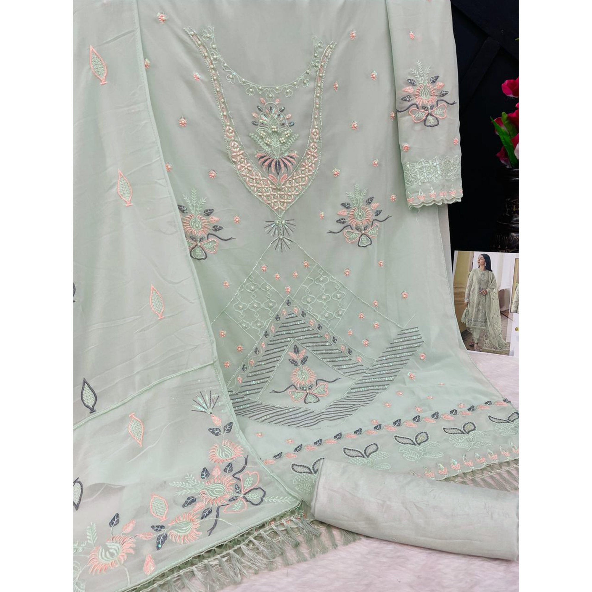 Green Floral Embroidered Georgette Semi Stitched Pakistani Suit