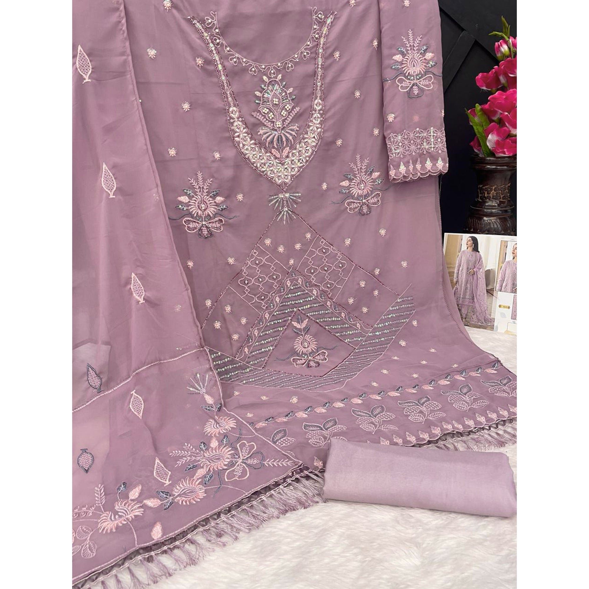 Pink Floral Embroidered Georgette Semi Stitched Pakistani Suit