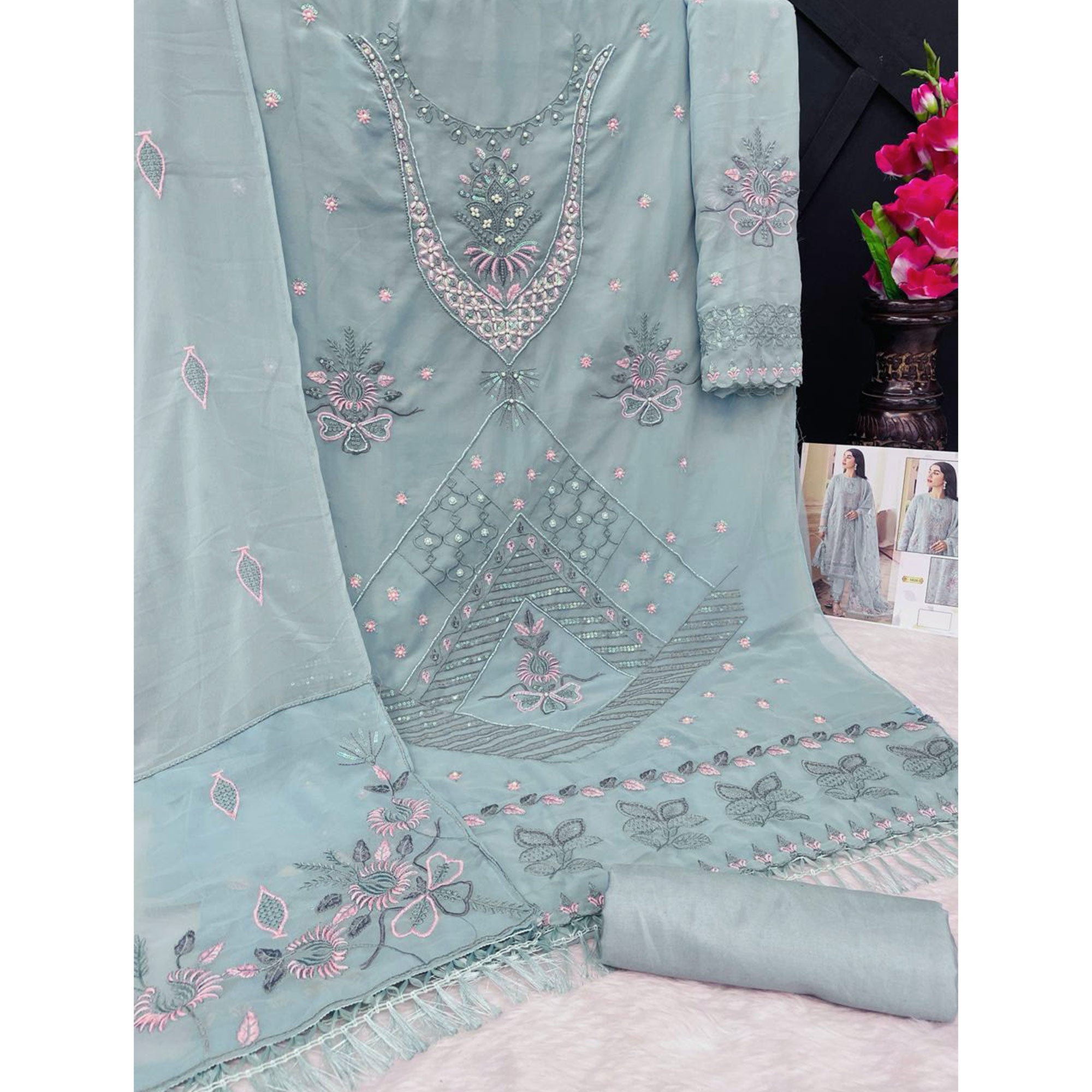Blue Floral Embroidered Georgette Semi Stitched Pakistani Suit