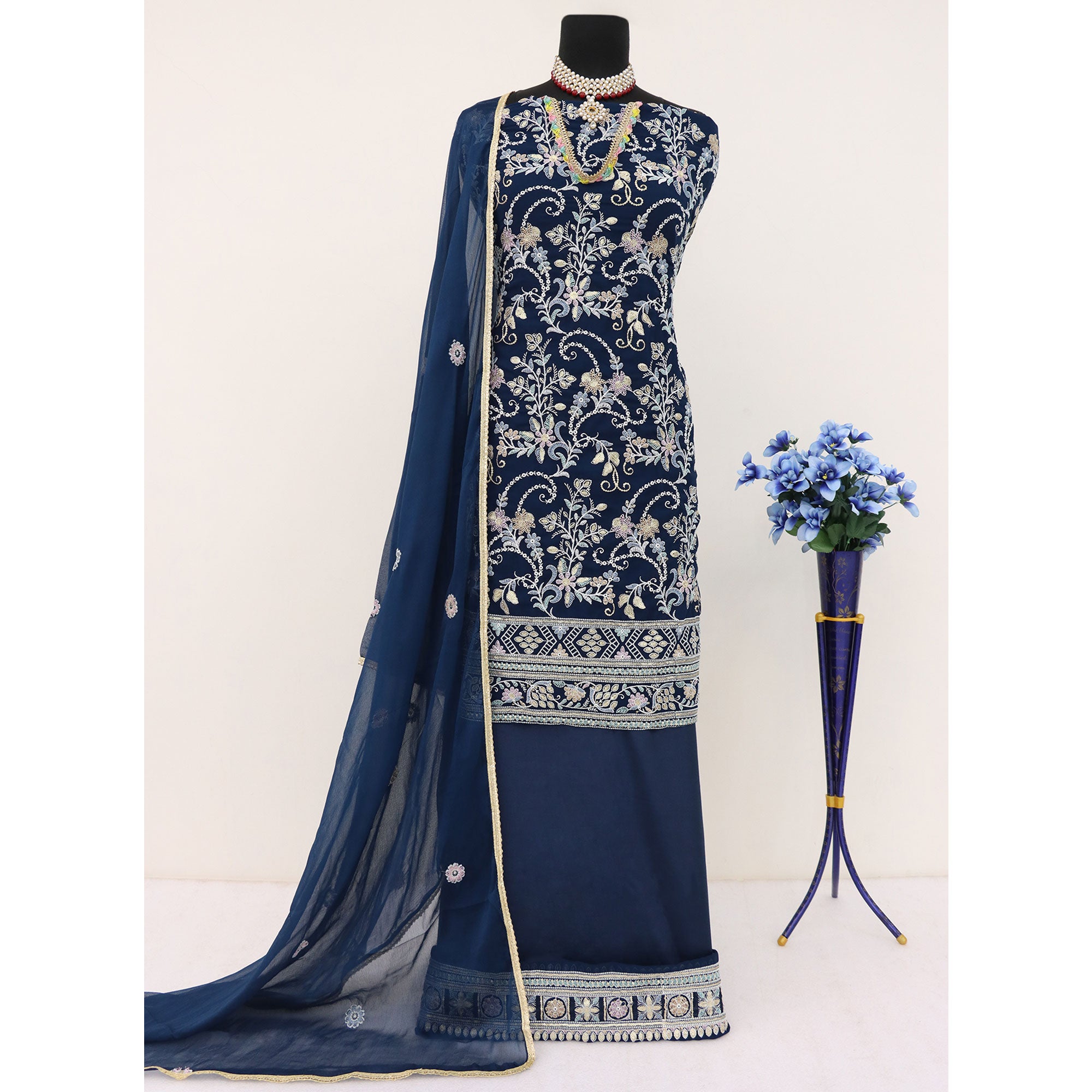 Teal Embroidered Georgette Semi Stitched Dress Material