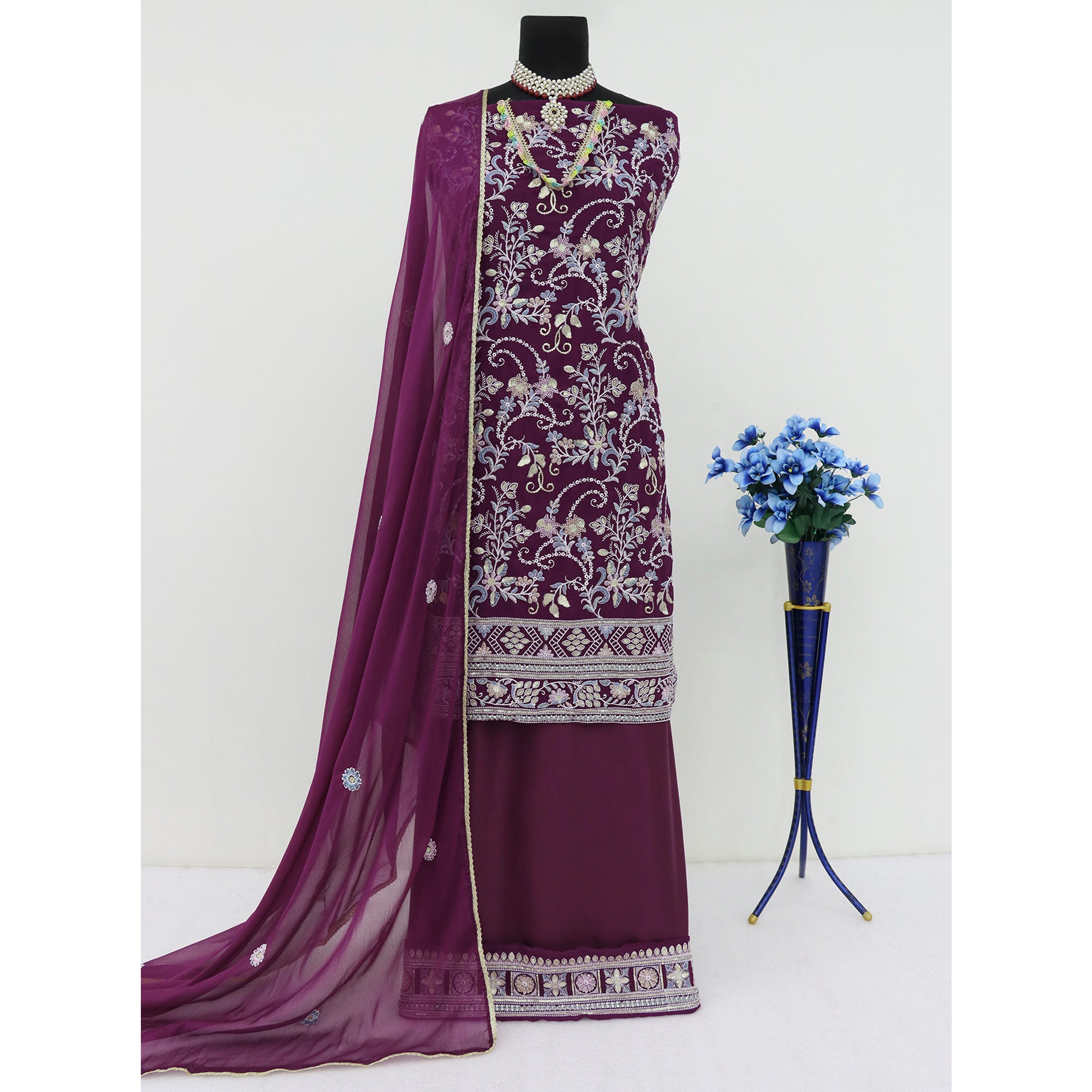 Purple Embroidered Georgette Semi Stitched Dress Material