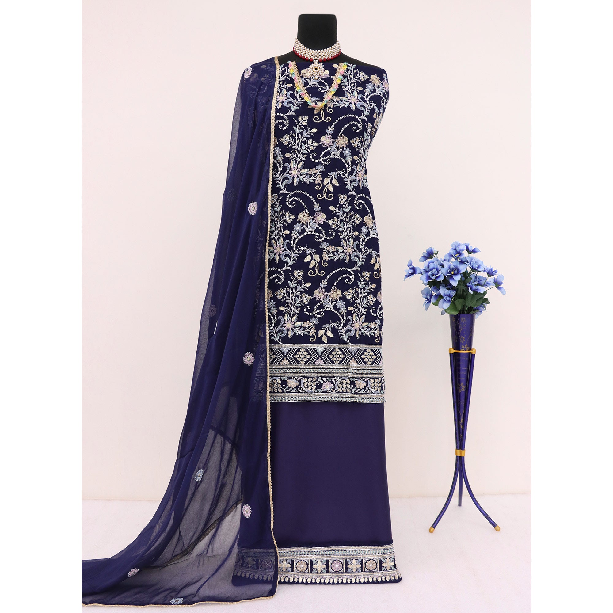 Blue Embroidered Georgette Semi Stitched Dress Material