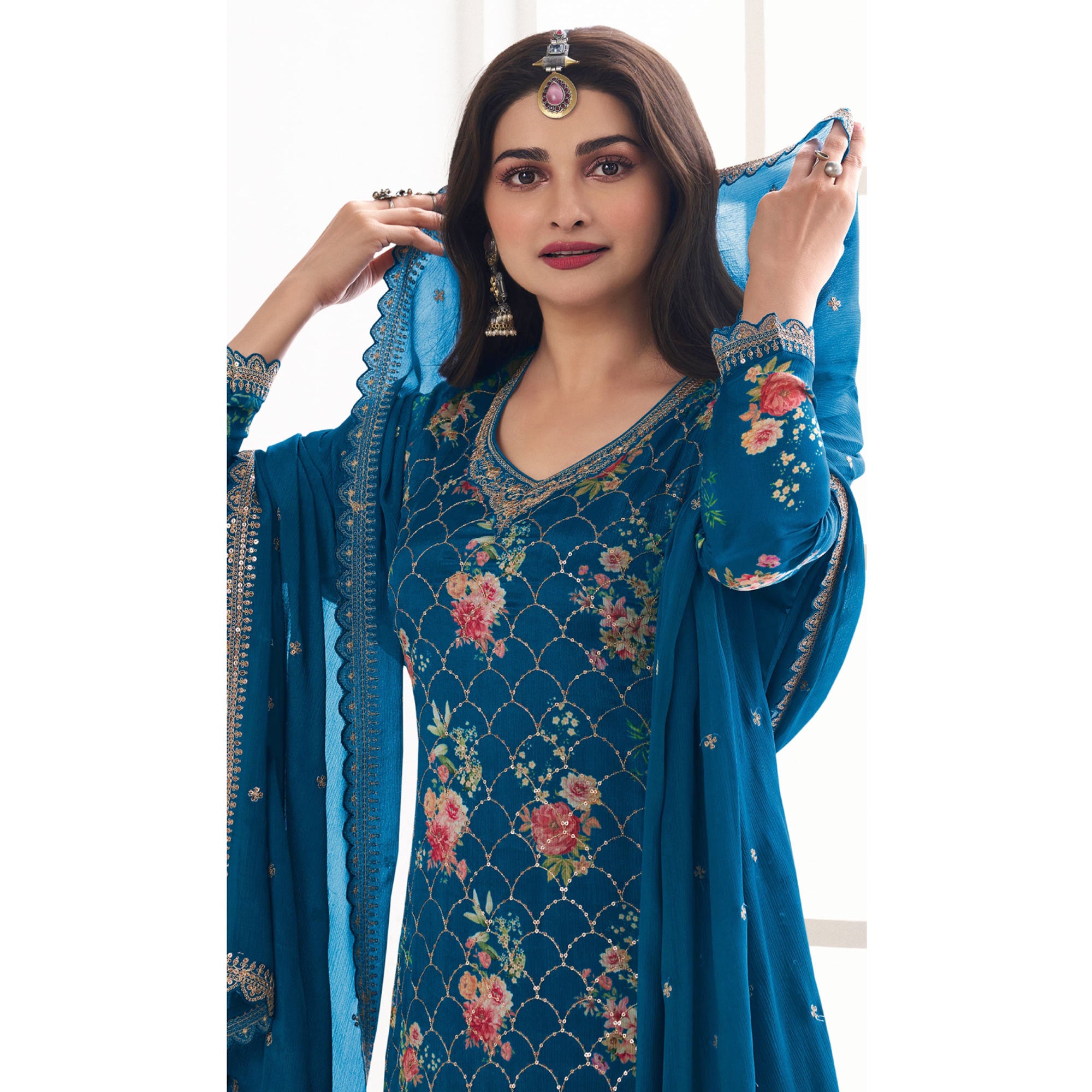 Teal Embroidered Chinon Semi Stitched Dress Material
