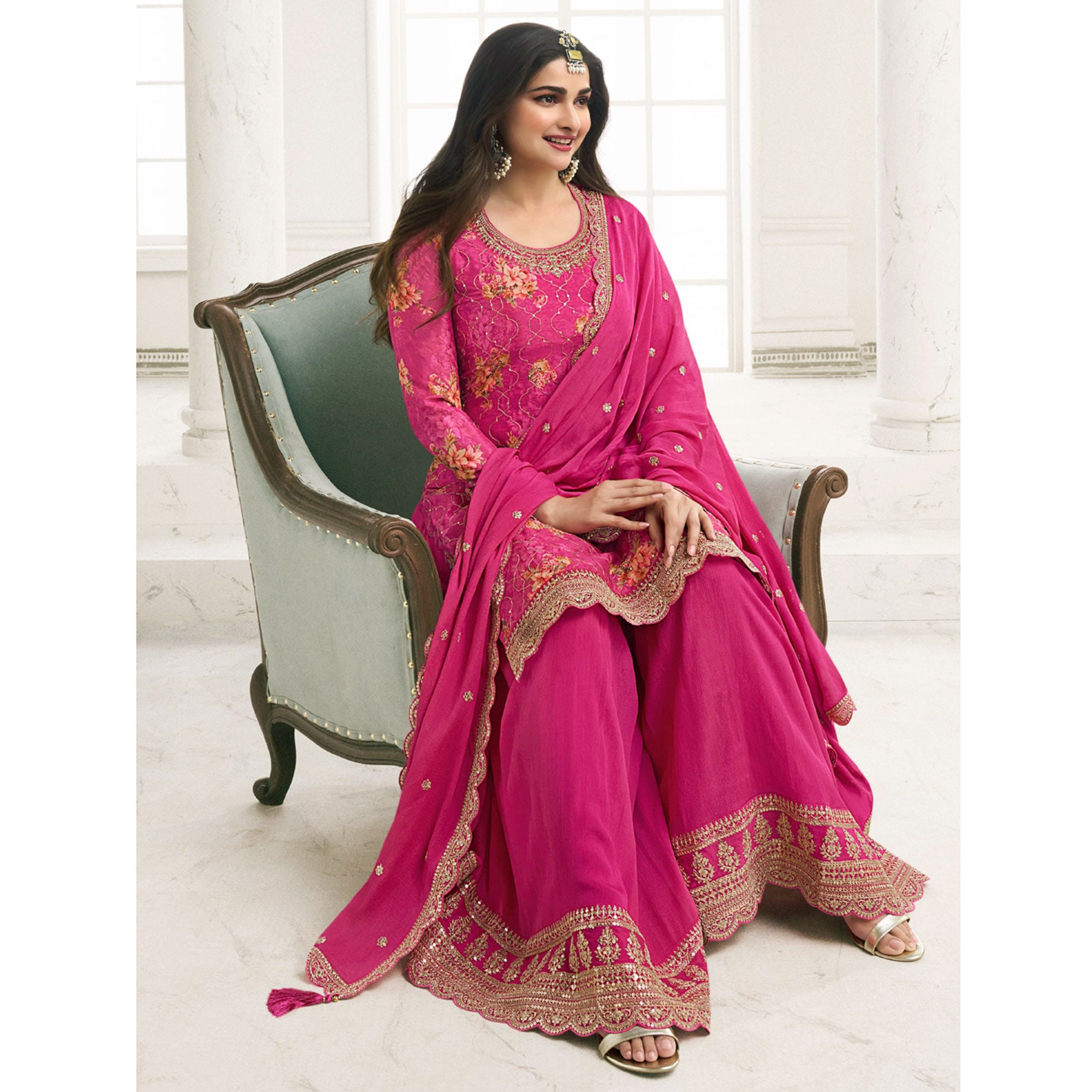 Pink Embroidered Chinon Semi Stitched Dress Material