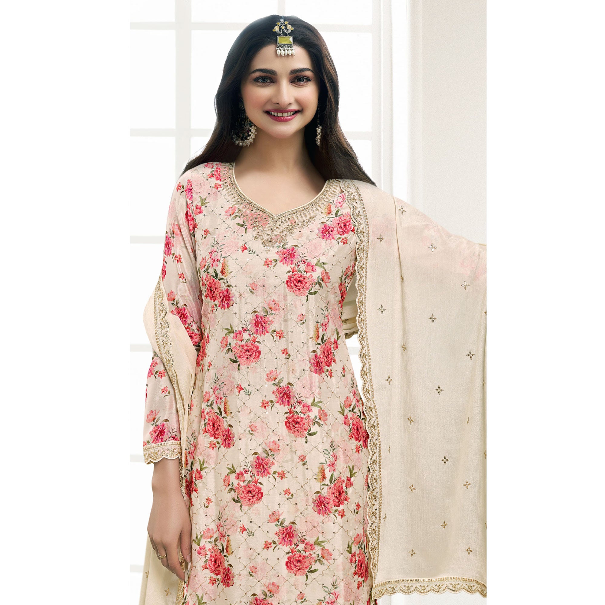 Cream Embroidered Chinon Semi Stitched Dress Material
