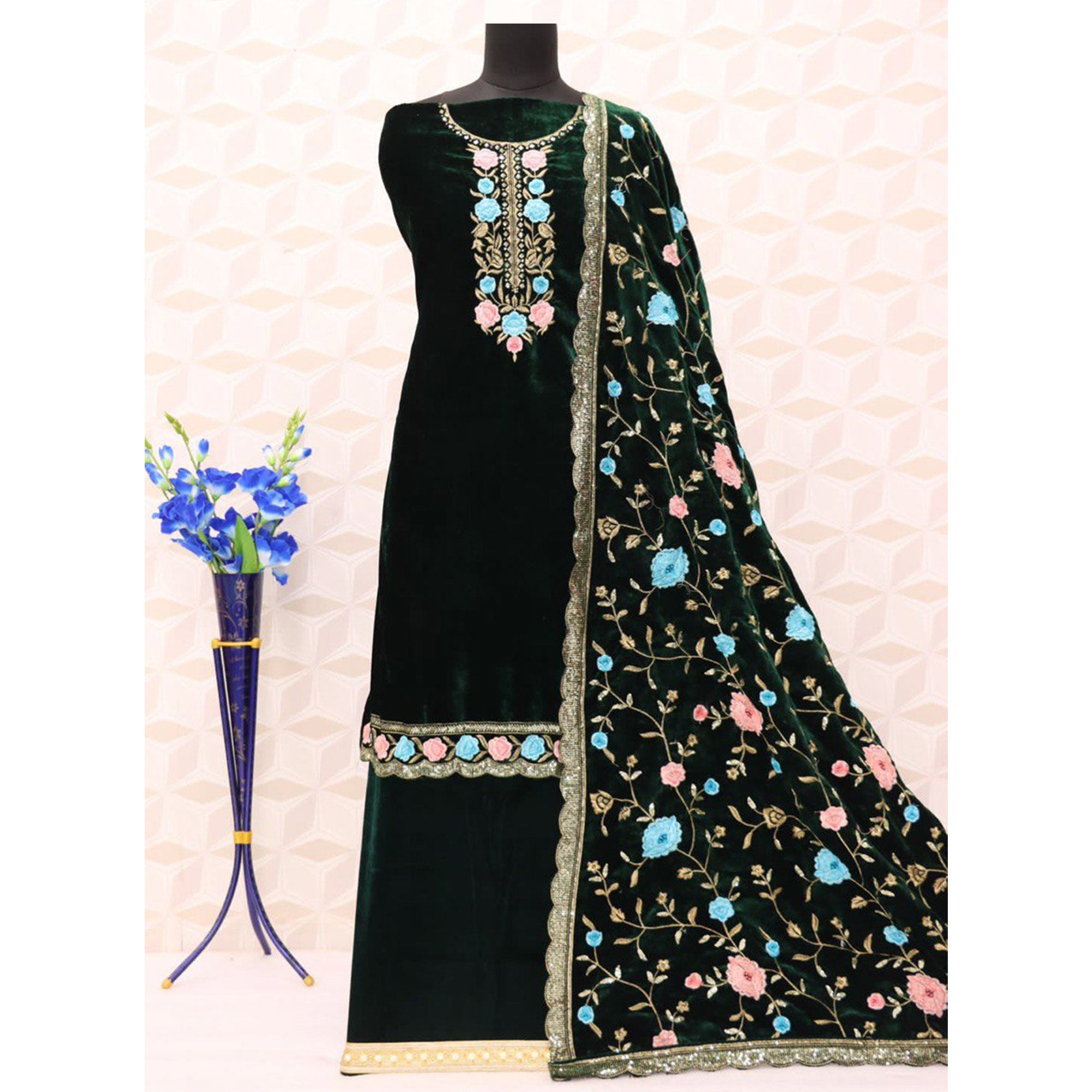Green Floral Embroidered Velvet Semi Stitched Suit